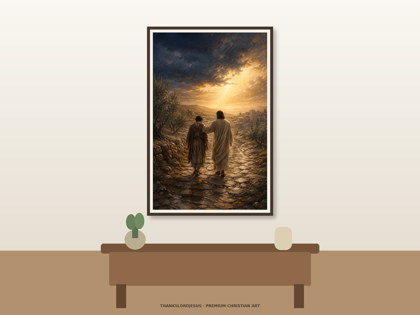 Forgive Us Our Debts — Lord’s Prayer Wall Art Clean airy hero mockup for Forgive Us Our Debts, with the large framed artwork showing two robed figures walking toward golden light as one places a compassionate hand on the other's shoulder on a premium neutral wall.