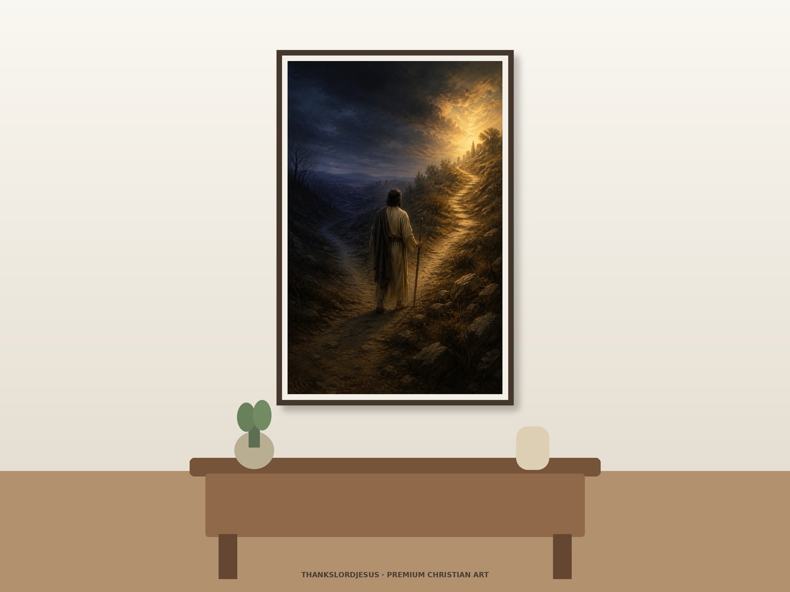 Lead Us Not into Temptation — Lord’s Prayer Wall Art Clean airy hero mockup for Lead Us Not Into Temptation, with the large framed artwork showing a solitary back-view traveler pausing where a dark descending road separates from a narrow path filled with golden light on a premium neutral wall.