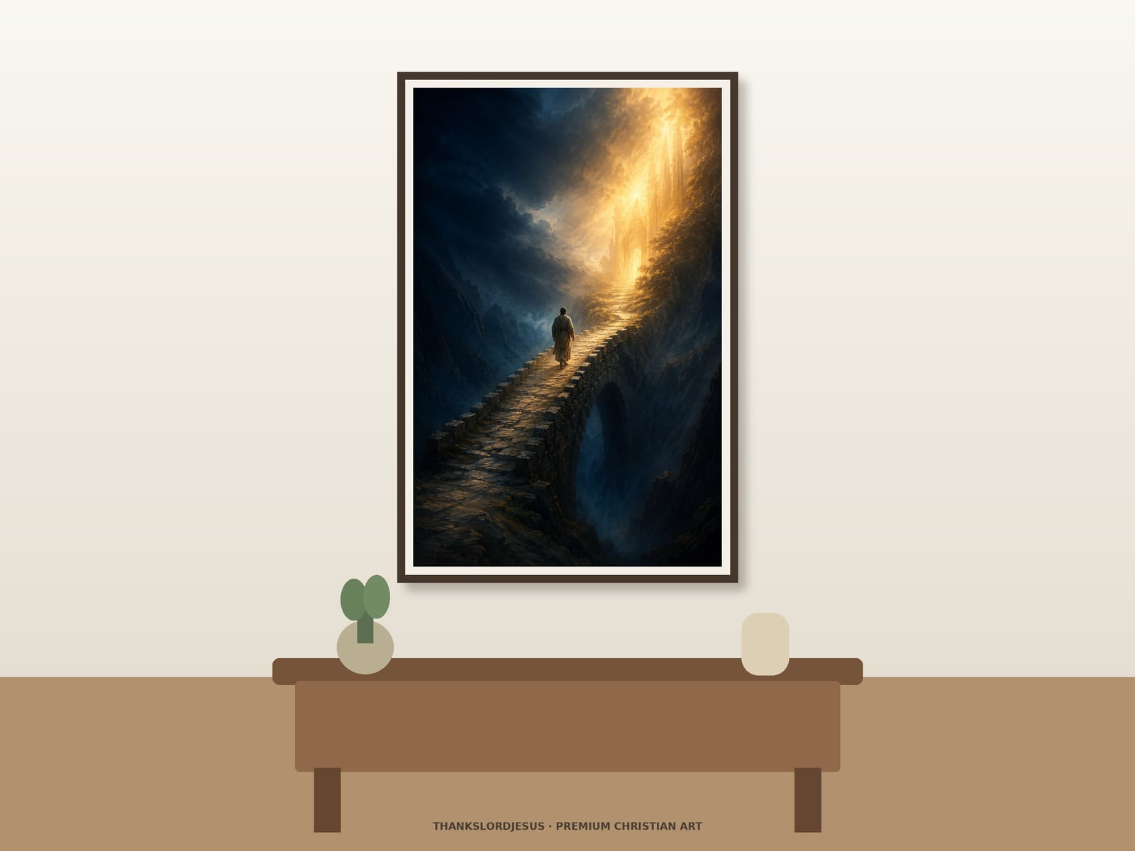 Deliver Us from Evil — Lord’s Prayer Wall Art Clean airy hero mockup for Deliver Us From Evil, with the large framed artwork showing a lone believer crossing a stone bridge out of a deep midnight valley toward a luminous sanctuary on a premium neutral wall.