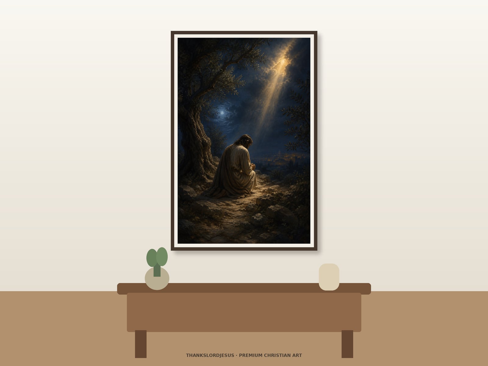 Jesus Praying in Gethsemane — Lord’s Prayer Wall Art Clean airy hero mockup for Jesus Praying in Gethsemane, with the large framed artwork showing Jesus seen from the side and back kneeling beneath an ancient olive tree as heavenly light enters the moonlit garden on a premium neutral wall.