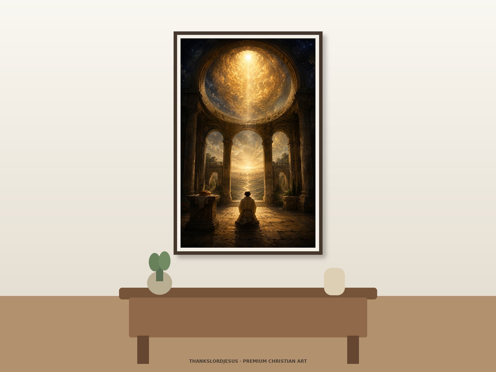 The Lord S Prayer Complete Premium Artwork — Lord’s Prayer Wall Art Clean airy hero mockup for The Lord's Prayer Complete Premium Artwork, with the large framed artwork showing a back-view believer before a luminous prayer landscape joining a winding path, bread, and sanctuary on a premium neutral wall.