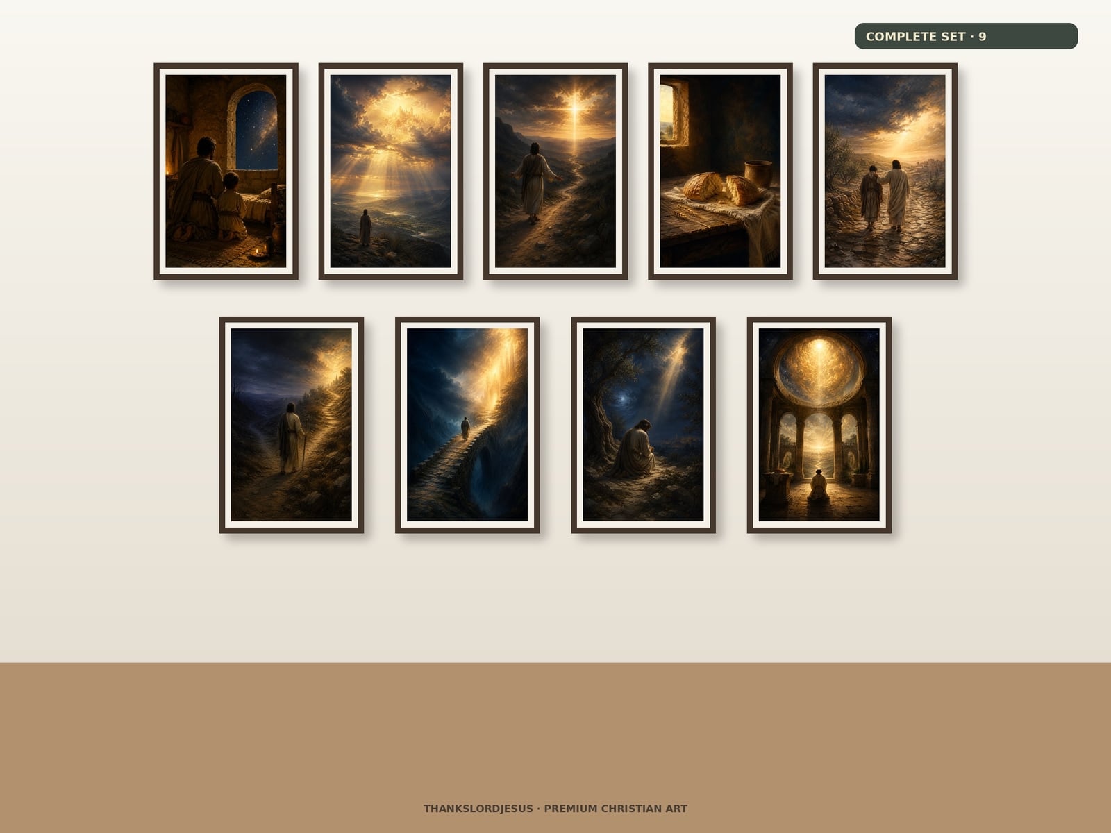 Complete Lord S Prayer Premium Set of 9 — Lord’s Prayer Wall Art Clean airy hero mockup for Complete Lord's Prayer Premium Set of 9, with all 9 coordinated prayer designs fully visible on a premium neutral wall.