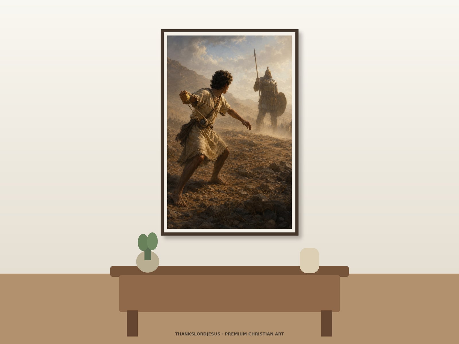 David and Goliath — Old Testament Bible Art Clean airy hero mockup for David and Goliath, with the large framed artwork showing David preparing his sling before the distant giant on an ancient battlefield on a premium neutral wall.