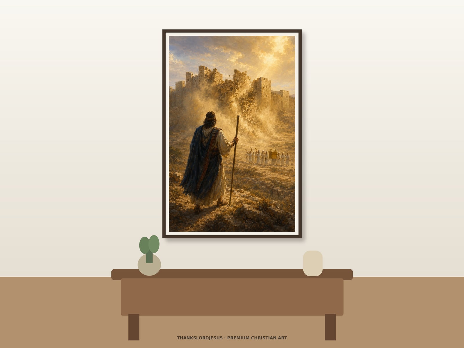 Joshua and the Walls of Jericho — Old Testament Bible Art Clean airy hero mockup for Joshua and the Walls of Jericho, with the large framed artwork showing Joshua facing Jericho as the ancient walls fall through sunlit dust on a premium neutral wall.