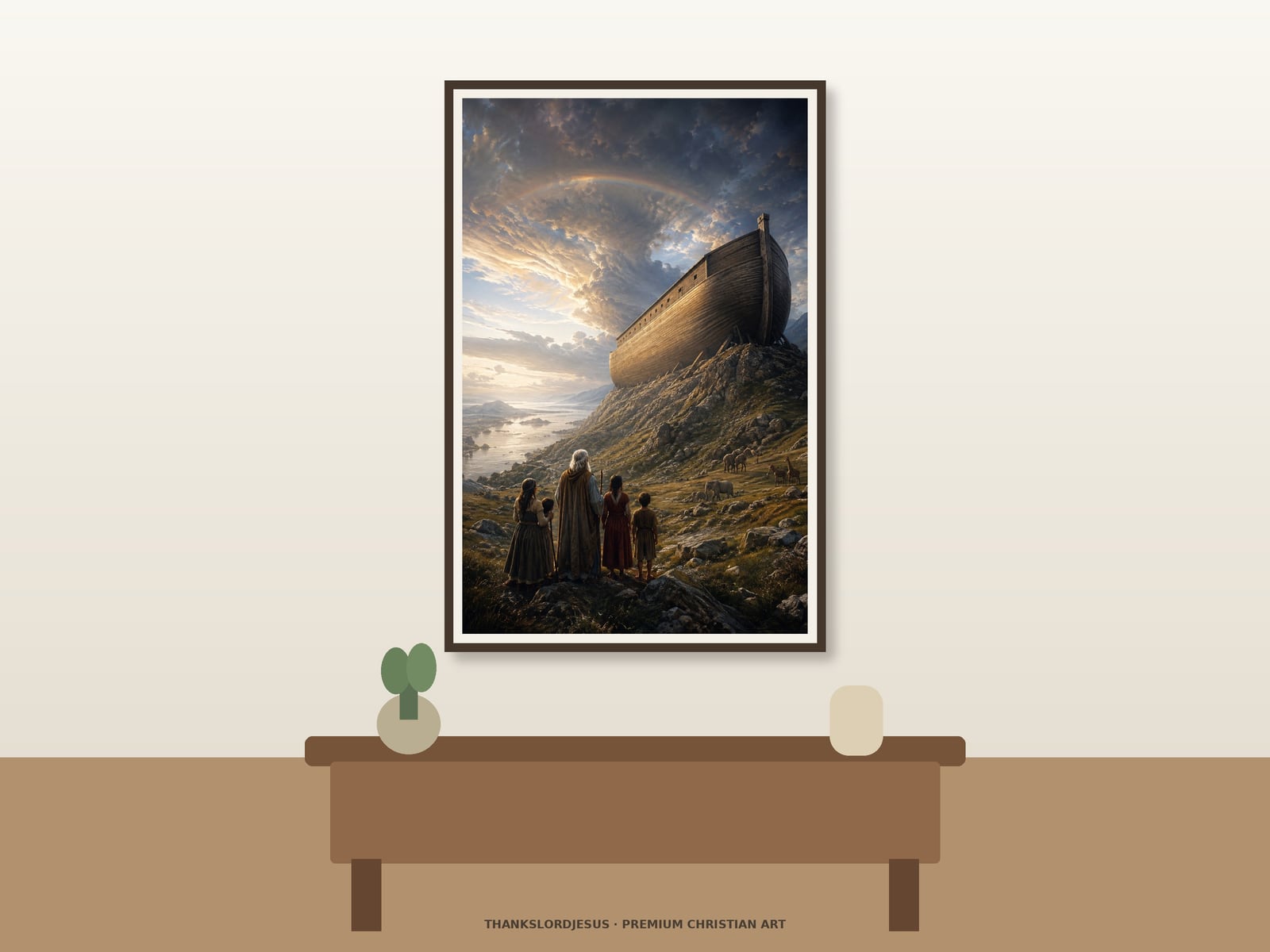 Noah and the Ark — Old Testament Bible Art Clean airy hero mockup for Noah and the Ark, with the large framed artwork showing Noah and his family looking toward the ark beneath a clearing covenant sky on a premium neutral wall.