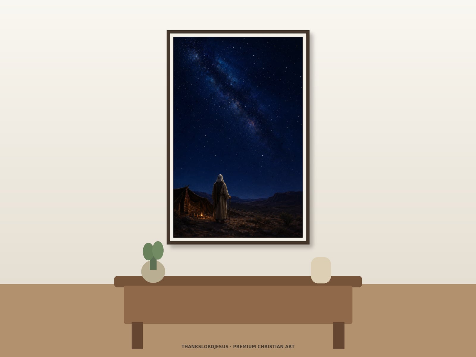Abraham Under the Stars — Old Testament Bible Art Clean airy hero mockup for Abraham Under the Stars, with the large framed artwork showing Abraham beside his desert tent beneath a vast star-filled sky on a premium neutral wall.