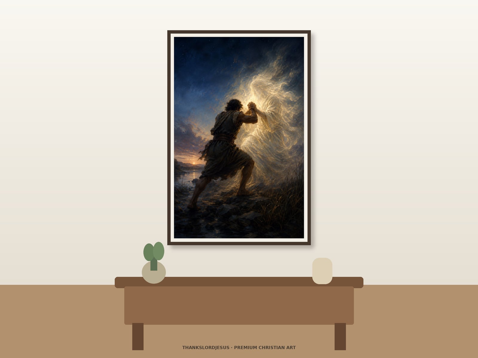 Jacob Wrestling with God — Old Testament Bible Art Clean airy hero mockup for Jacob Wrestling With God, with the large framed artwork showing Jacob wrestling beside the river with a faceless presence of radiant light on a premium neutral wall.