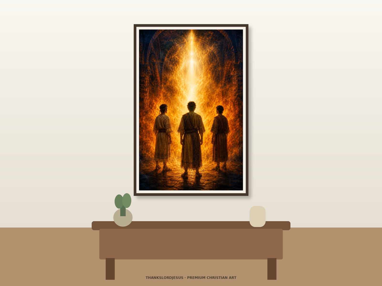 Shadrach Meshach and Abednego in the Fire — Old Testament Bible Art Clean airy hero mockup for Shadrach Meshach and Abednego in the Fire, with the large framed artwork showing three faithful men standing unharmed before protective light inside the fiery furnace on a premium neutral wall.
