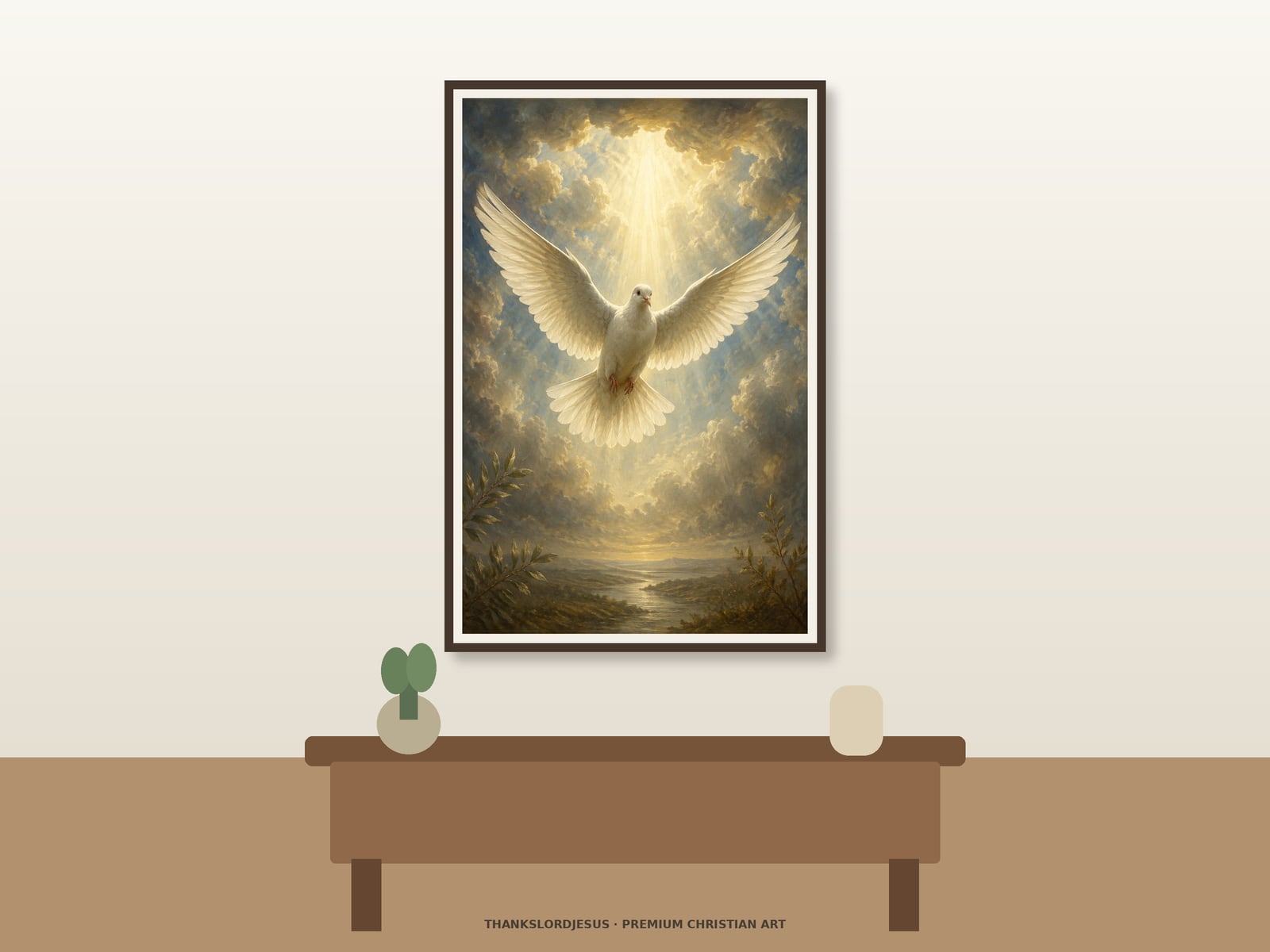 Holy Spirit Dove — Holy Spirit Wall Art Clean airy hero mockup for Holy Spirit Dove, with the large framed artwork showing one white dove descending through an opening of cloud and radiant white-gold glory above a quiet distant river on a premium neutral wall.