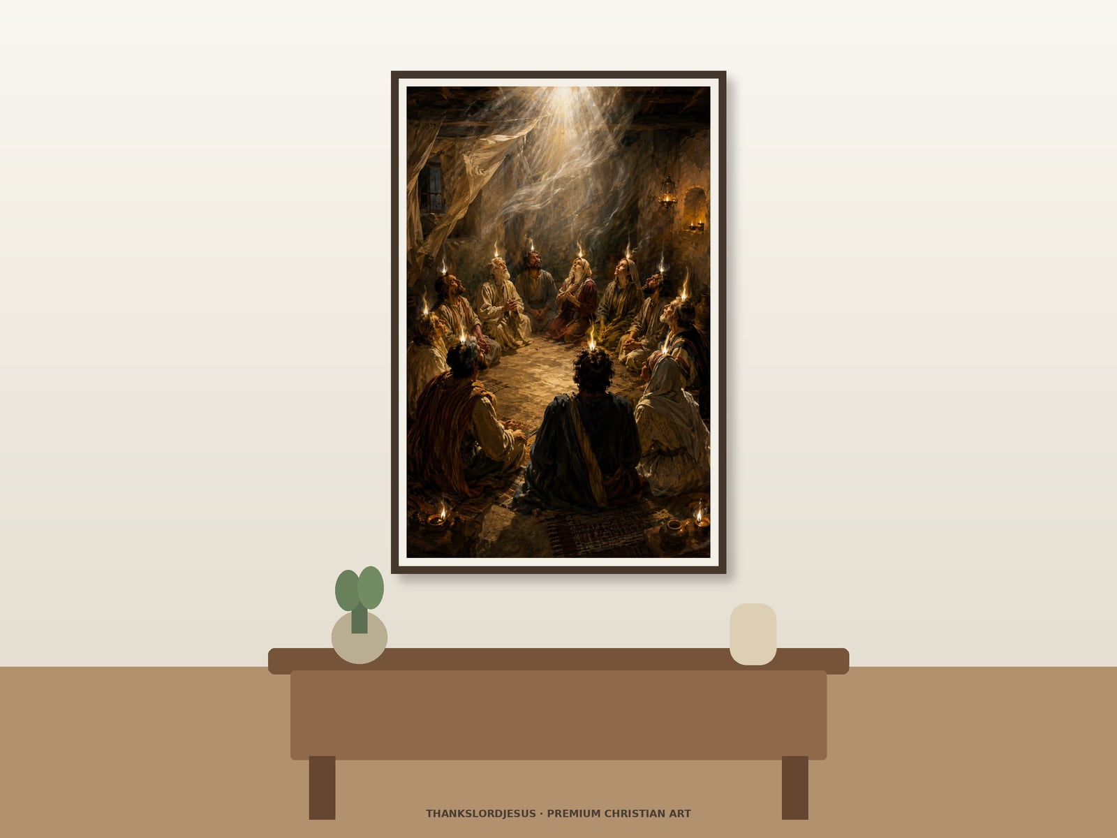 Pentecost Tongues of Fire — Holy Spirit Wall Art Clean airy hero mockup for Pentecost Tongues of Fire, with the large framed artwork showing the disciples gathered in an ancient upper room as rushing wind and distinct flames of white-gold fire fill the space on a premium neutral wall.