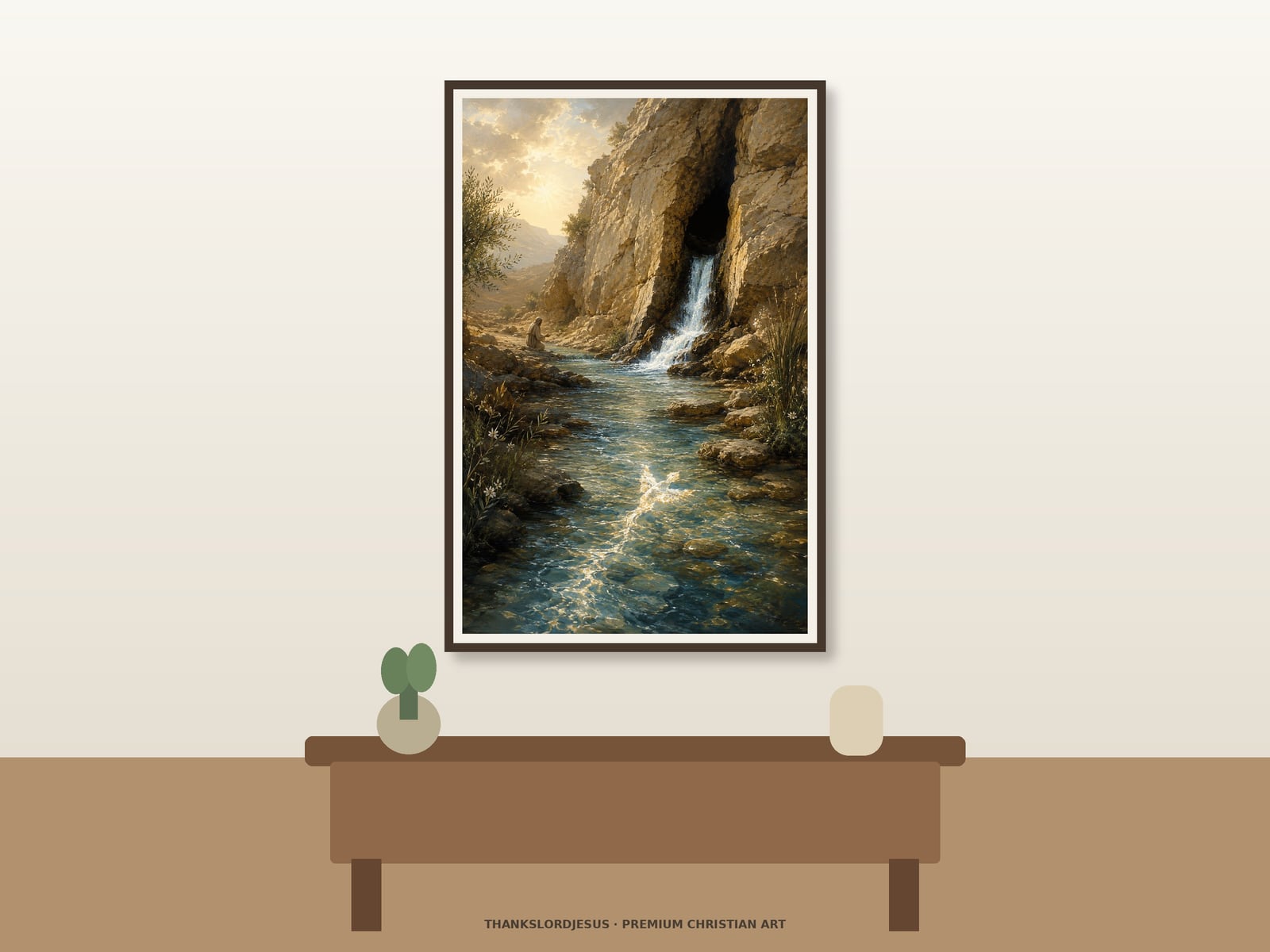 Clean airy hero mockup for Living Water, with the large framed artwork showing a clear blue-gold spring pouring from ancient desert rock and bringing reeds, olive leaves, and white flowers to life on a premium neutral wall.