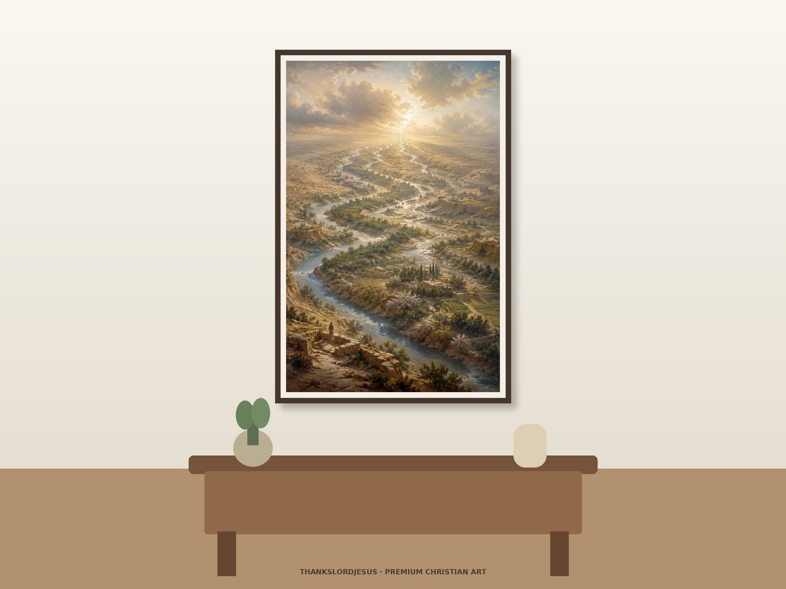 Rivers of Living Water — Holy Spirit Wall Art Clean airy hero mockup for Rivers of Living Water, with the large framed artwork showing multiple rivers bringing a vast arid valley to life beneath a golden sky on a premium neutral wall.