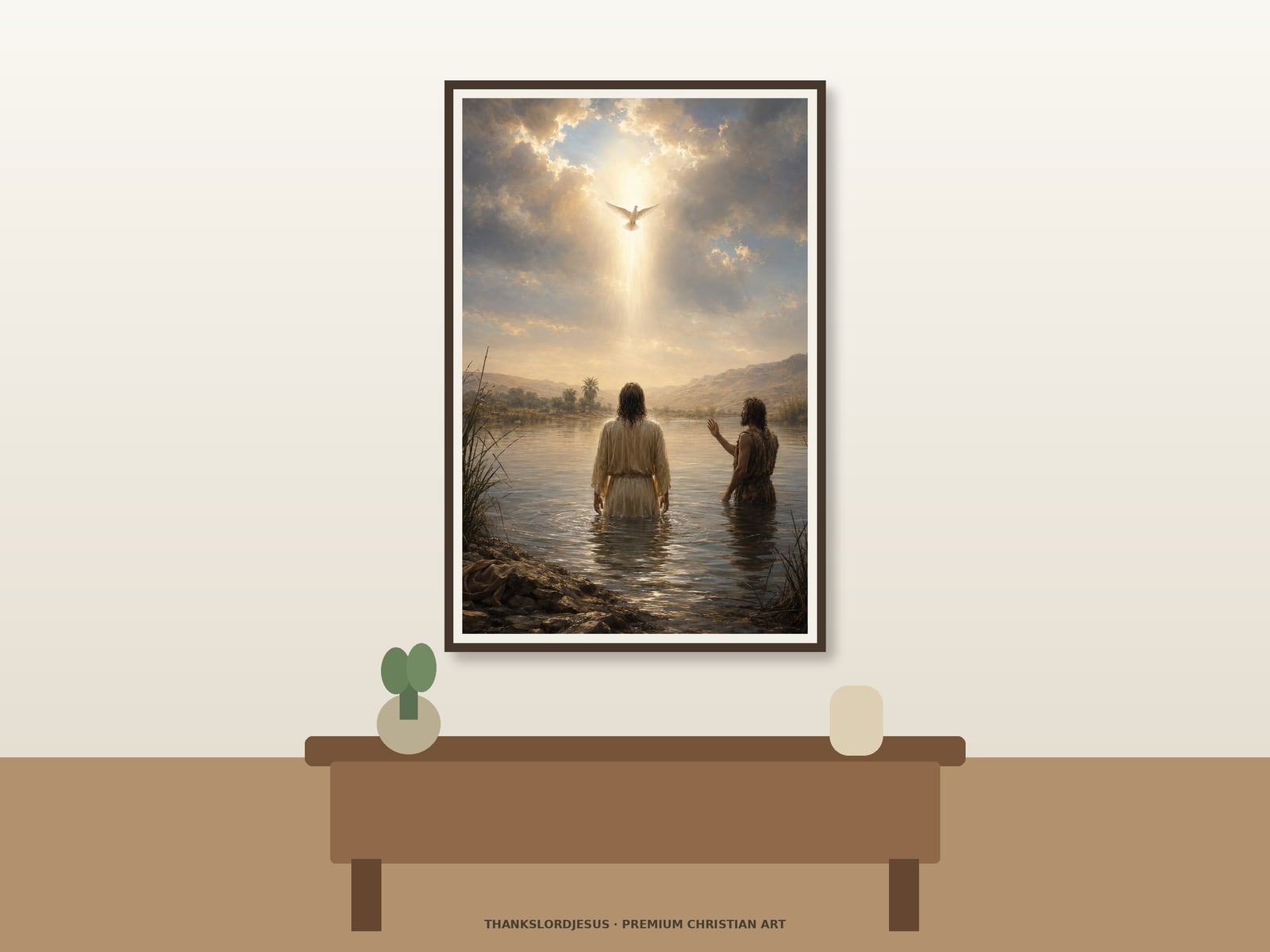 Clean airy hero mockup for Spirit Descending at Jesus Baptism, with the large framed artwork showing Jesus viewed from behind in the Jordan as one white dove descends through heavenly light on a premium neutral wall.