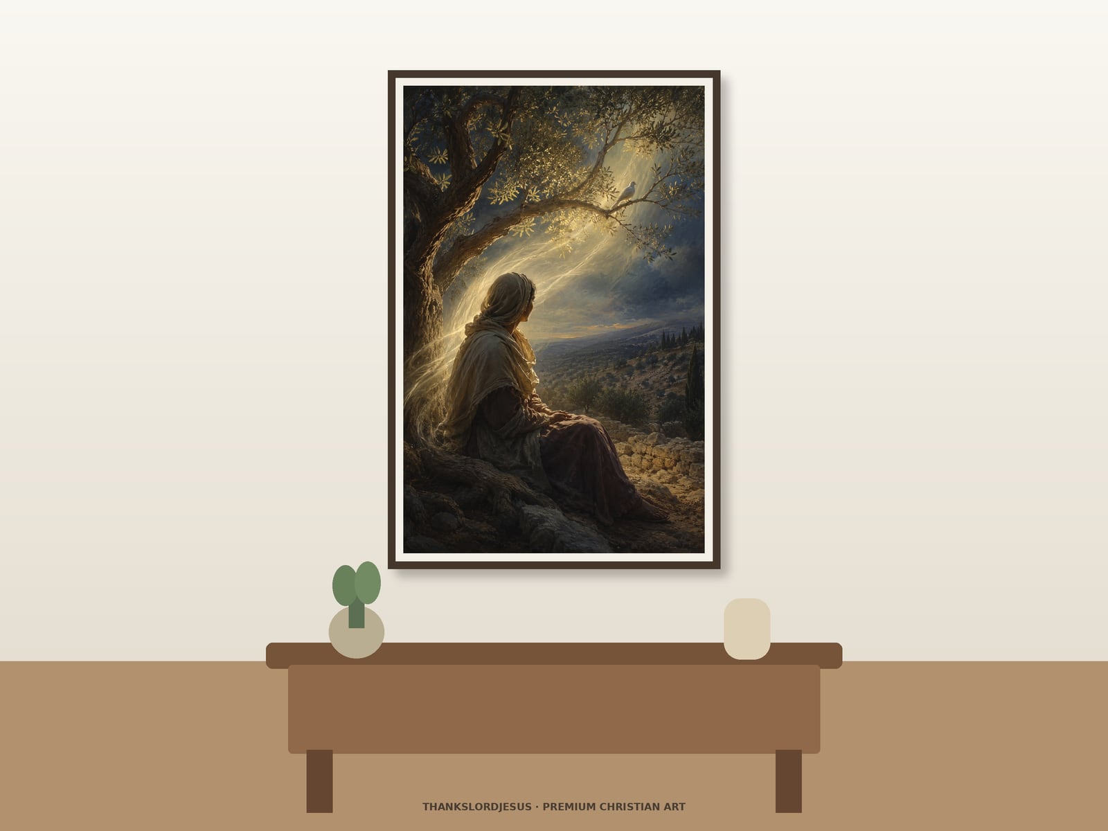 Comforter Holy Spirit — Holy Spirit Wall Art Clean airy hero mockup for Comforter Holy Spirit, with the large framed artwork showing a solitary woman resting beneath an ancient olive tree as a warm wind of light surrounds her and one dove rests on a distant branch on a premium neutral wall.