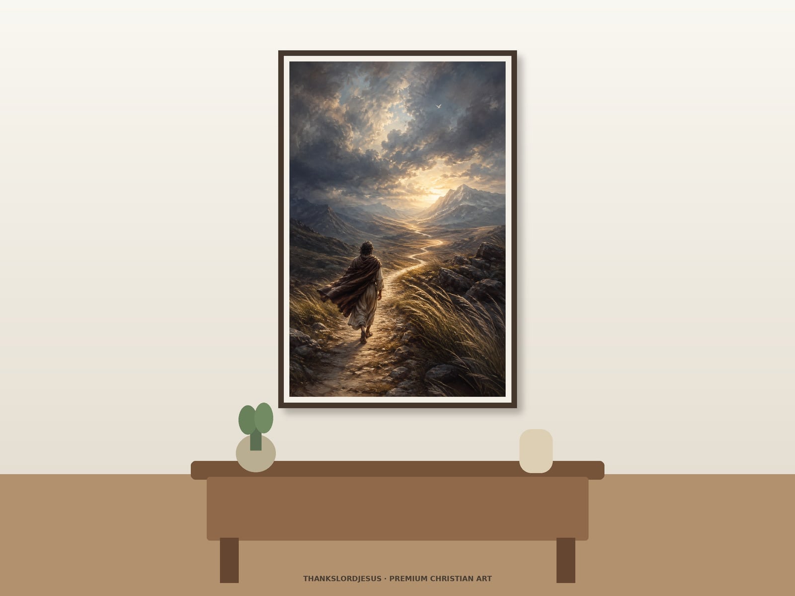 Walk in the Spirit — Holy Spirit Wall Art Clean airy hero mockup for Walk in the Spirit, with the large framed artwork showing one back-view believer walking a windswept mountain path toward a golden opening while a small white dove flies far ahead on a premium neutral wall.