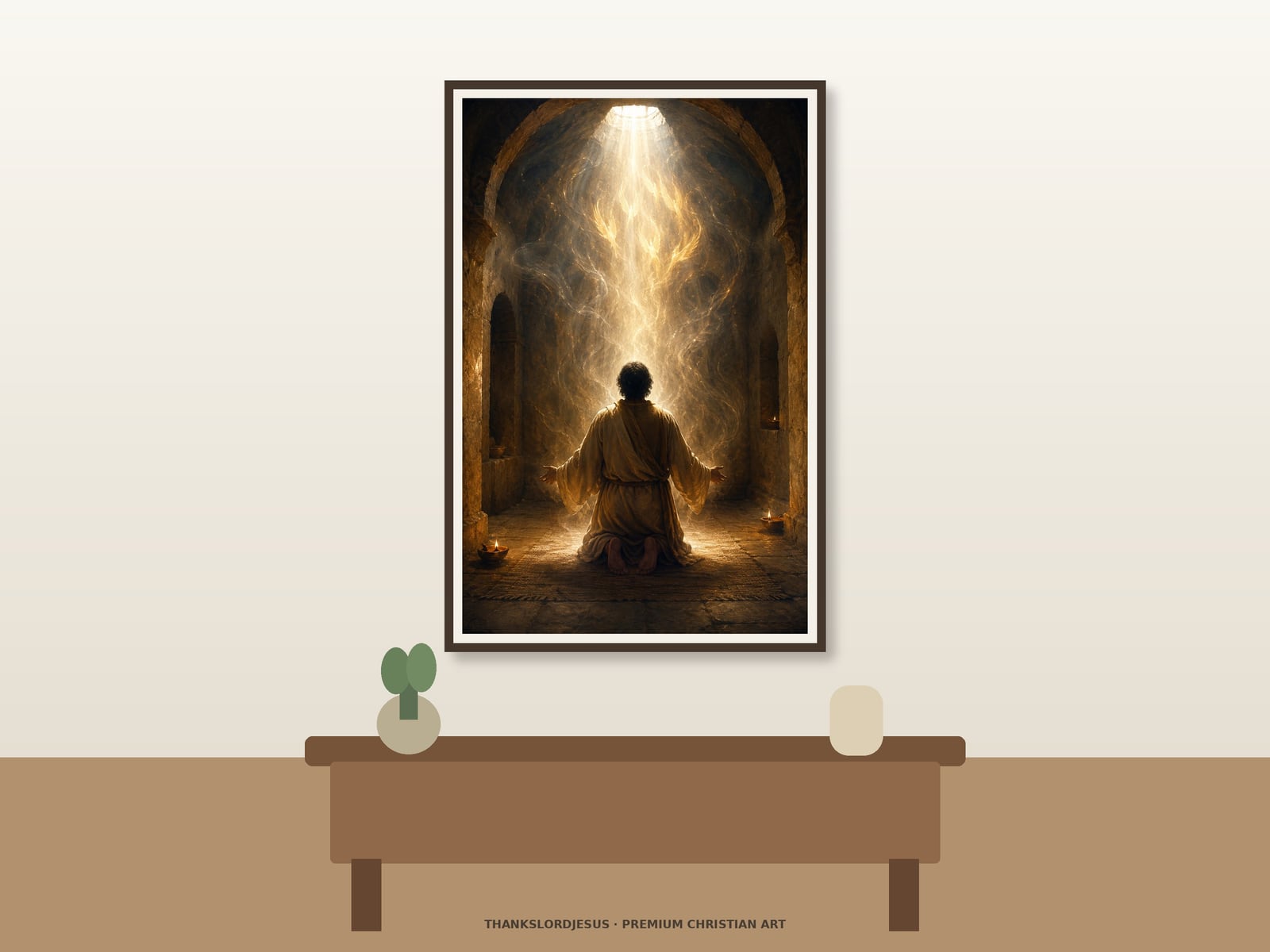 Filled with the Holy Spirit — Holy Spirit Wall Art Clean airy hero mockup for Filled With the Holy Spirit, with the large framed artwork showing one back-view believer kneeling as white-gold light fills an ancient prayer chamber on a premium neutral wall.