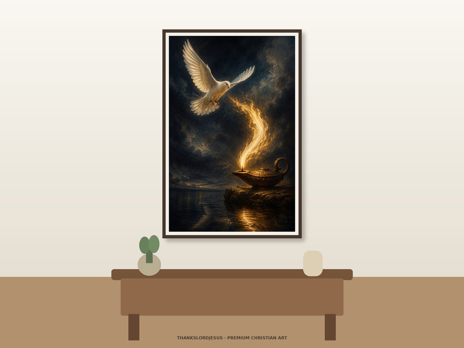 Fire and Dove Premium Artwork — Holy Spirit Wall Art Clean airy hero mockup for Fire and Dove Premium Artwork, with the large framed artwork showing one white dove gliding toward a white-gold flame above still water on a premium neutral wall.