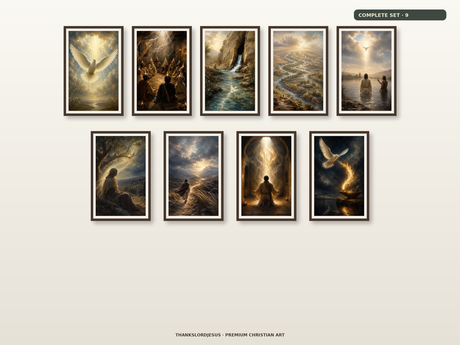 Complete Holy Spirit Pentecost Premium Set of 9 — Holy Spirit Wall Art Clean airy hero mockup for Complete Holy Spirit Pentecost Premium Set of 9, with all 9 coordinated Holy Spirit designs fully visible on a premium neutral wall.