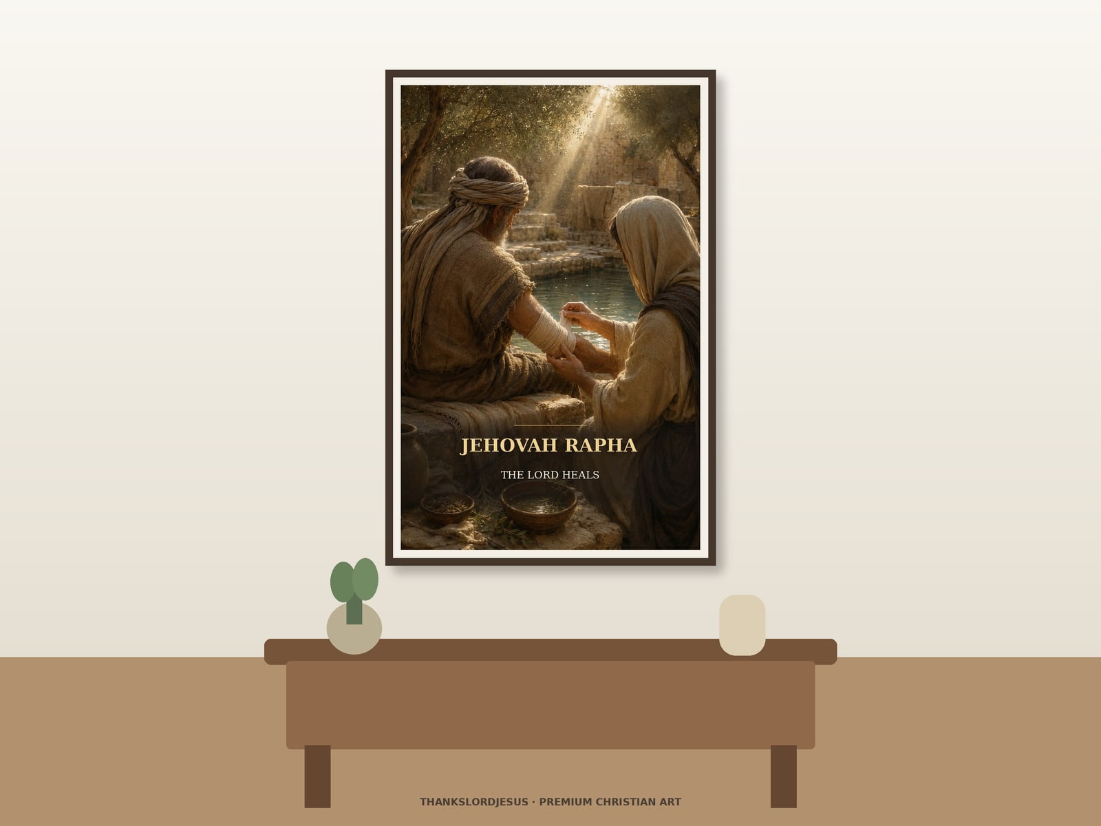 Jehovah Rapha the Lord Heals — Names of God Wall Art Neutral hero mockup for Jehovah Rapha — The Lord Heals, with the framed painting showing two ancient figures beside a quiet pool as one carefully binds the other's forearm in a shaft of restorative light as the main focus.