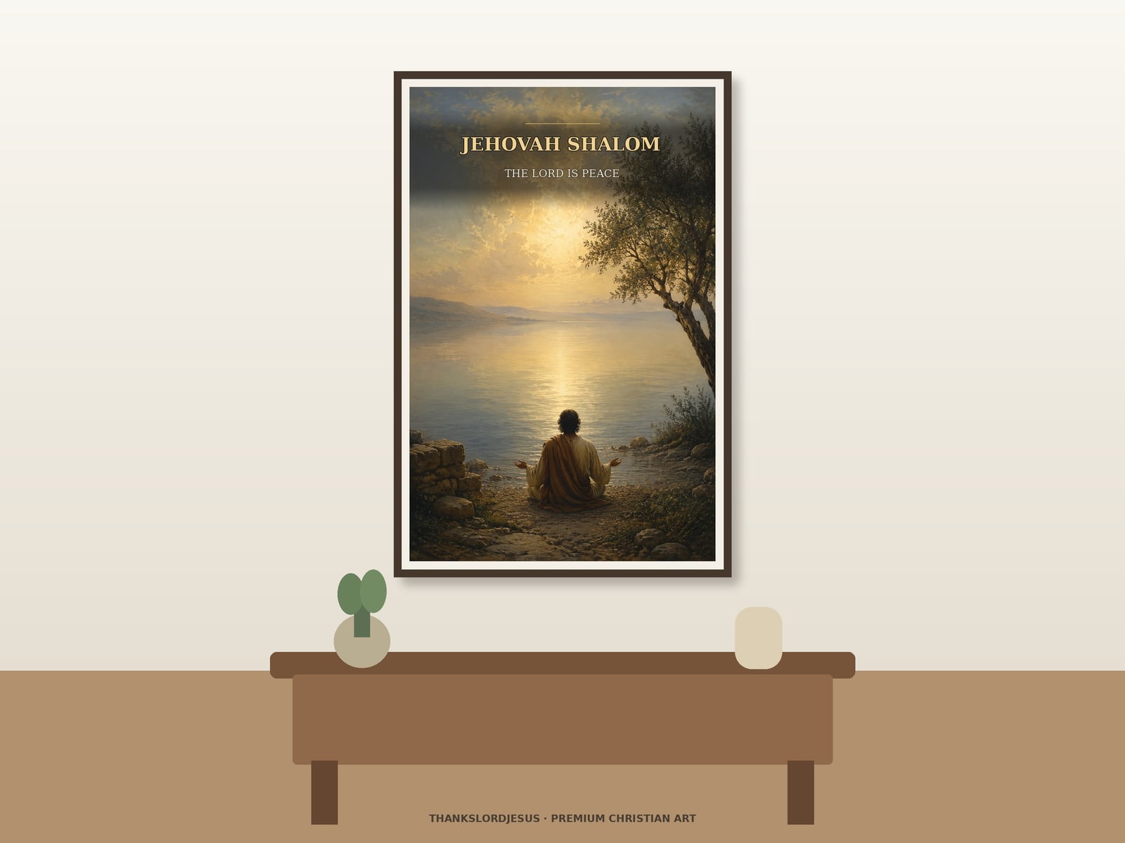 Jehovah Shalom the Lord Is Peace — Names of God Wall Art Neutral hero mockup for Jehovah Shalom — The Lord Is Peace, with the framed painting showing a solitary worshipper in back view before still Galilee water and a luminous golden horizon as the main focus.