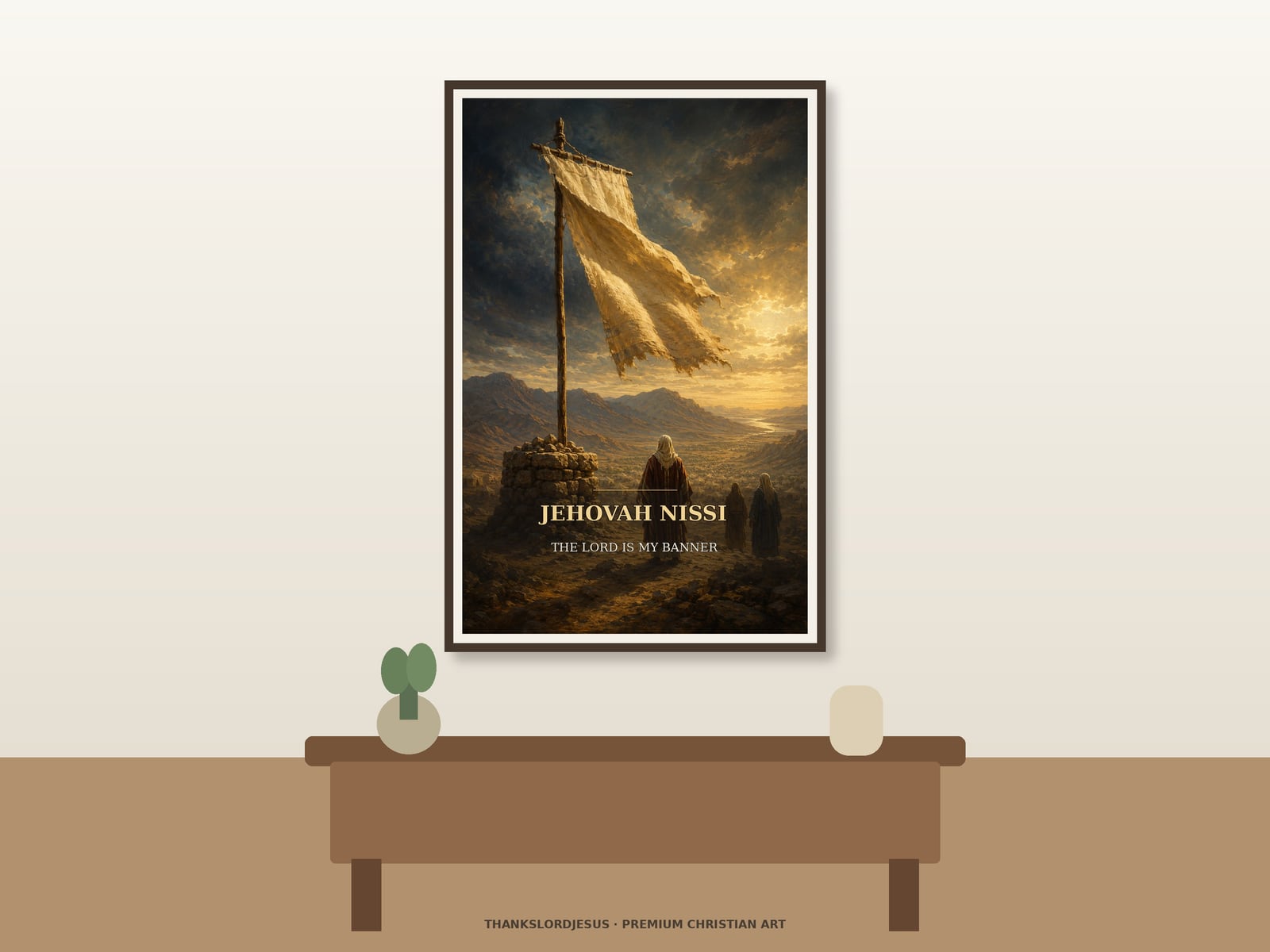 Jehovah Nissi the Lord Is My Banner — Names of God Wall Art Neutral hero mockup for Jehovah Nissi — The Lord Is My Banner, with the framed painting showing a weathered banner rising above a stone altar, distant camp, and three grateful back-view figures beneath victory light as the main focus.