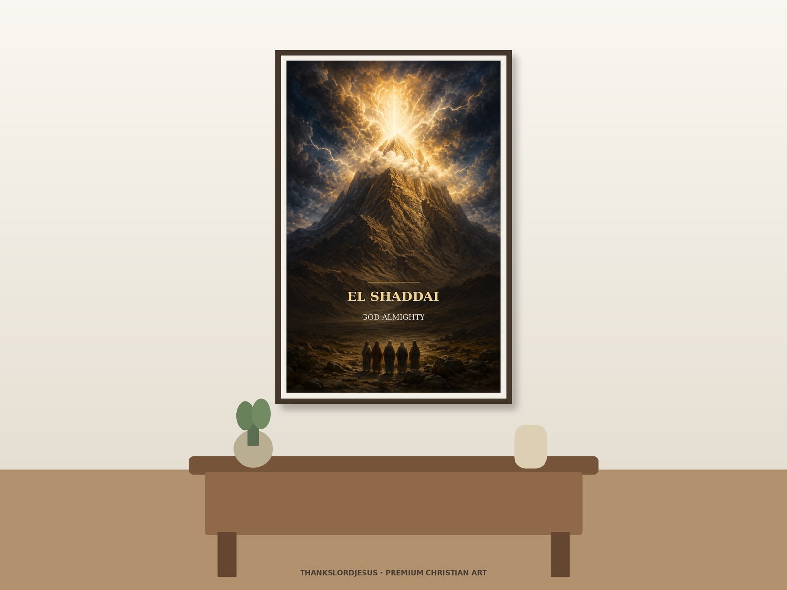 El Shaddai God Almighty — Names of God Wall Art Neutral hero mockup for El Shaddai — God Almighty, with the framed painting showing Mount Sinai towering beneath cloud, holy fire, and storm light as five distant worshippers stand below as the main focus.