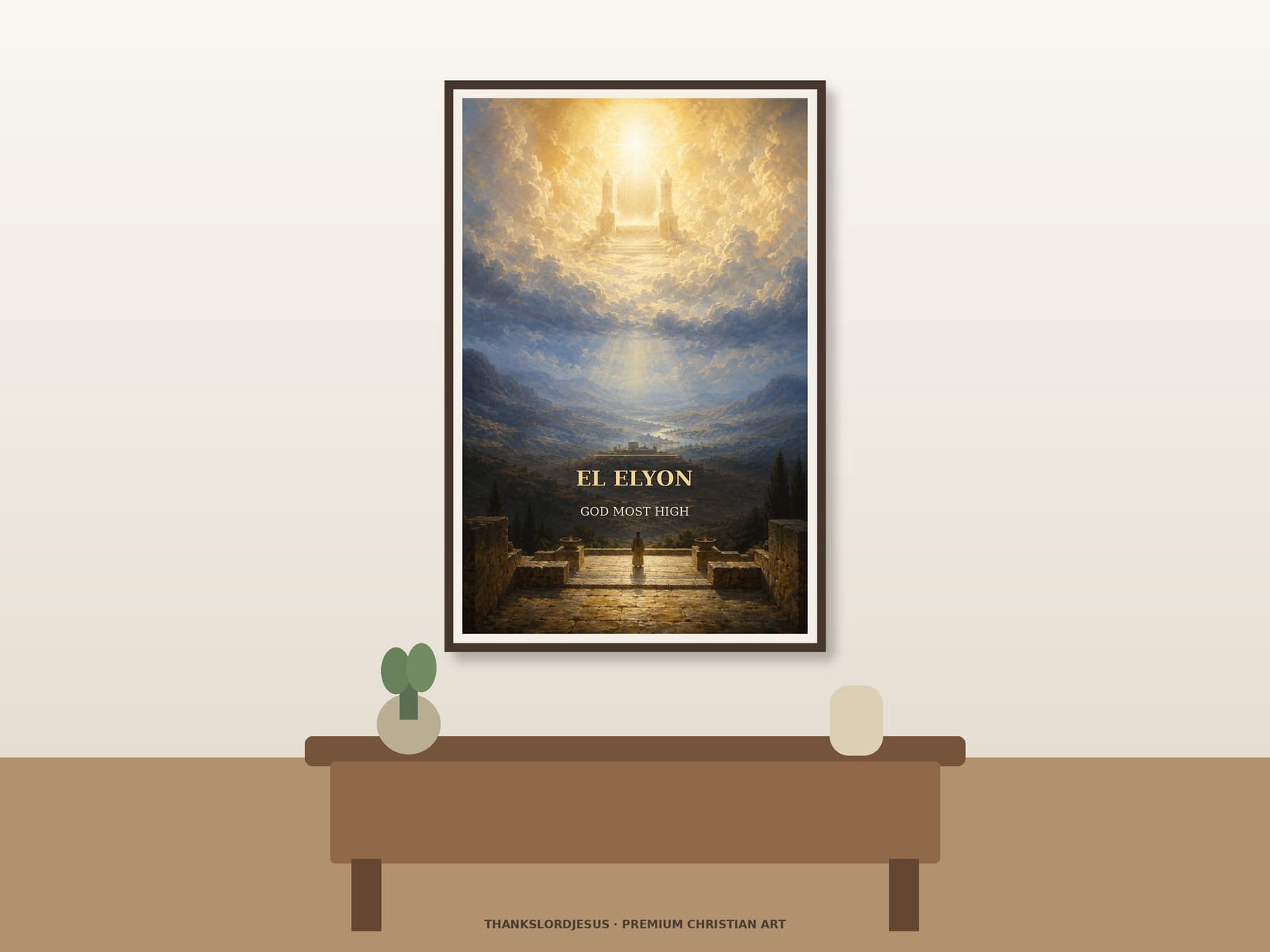 El Elyon God Most High — Names of God Wall Art Neutral hero mockup for El Elyon — God Most High, with the framed painting showing an empty throne of light above layered clouds, an ancient hill city, and one distant back-view worshipper as the main focus.