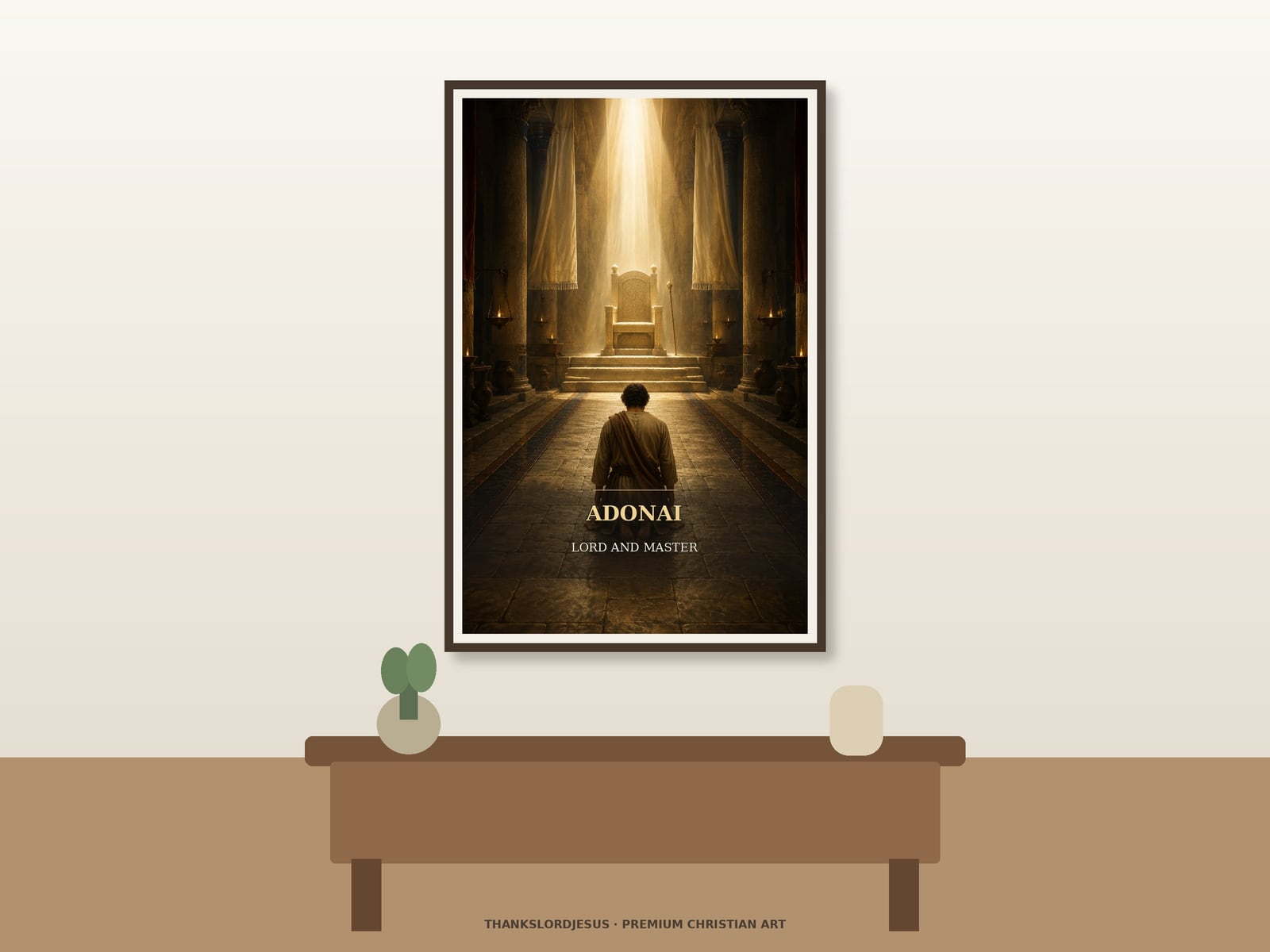 Adonai Lord and Master — Names of God Wall Art Neutral hero mockup for Adonai — Lord and Master, with the framed painting showing an empty throne and scepter illuminated in an ancient hall before a kneeling back-view servant as the main focus.