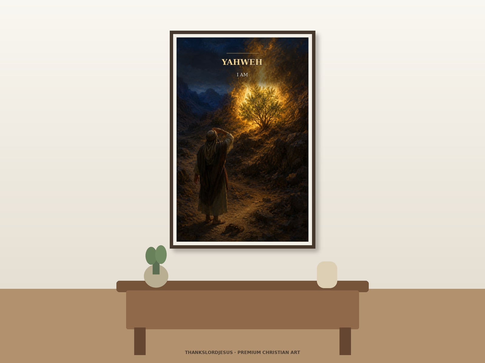 Yahweh I AM — Names of God Wall Art Neutral hero mockup for Yahweh / I AM, with the framed painting showing Moses in back view before the burning yet unconsumed bush at Horeb beneath an ultramarine night sky as the main focus.