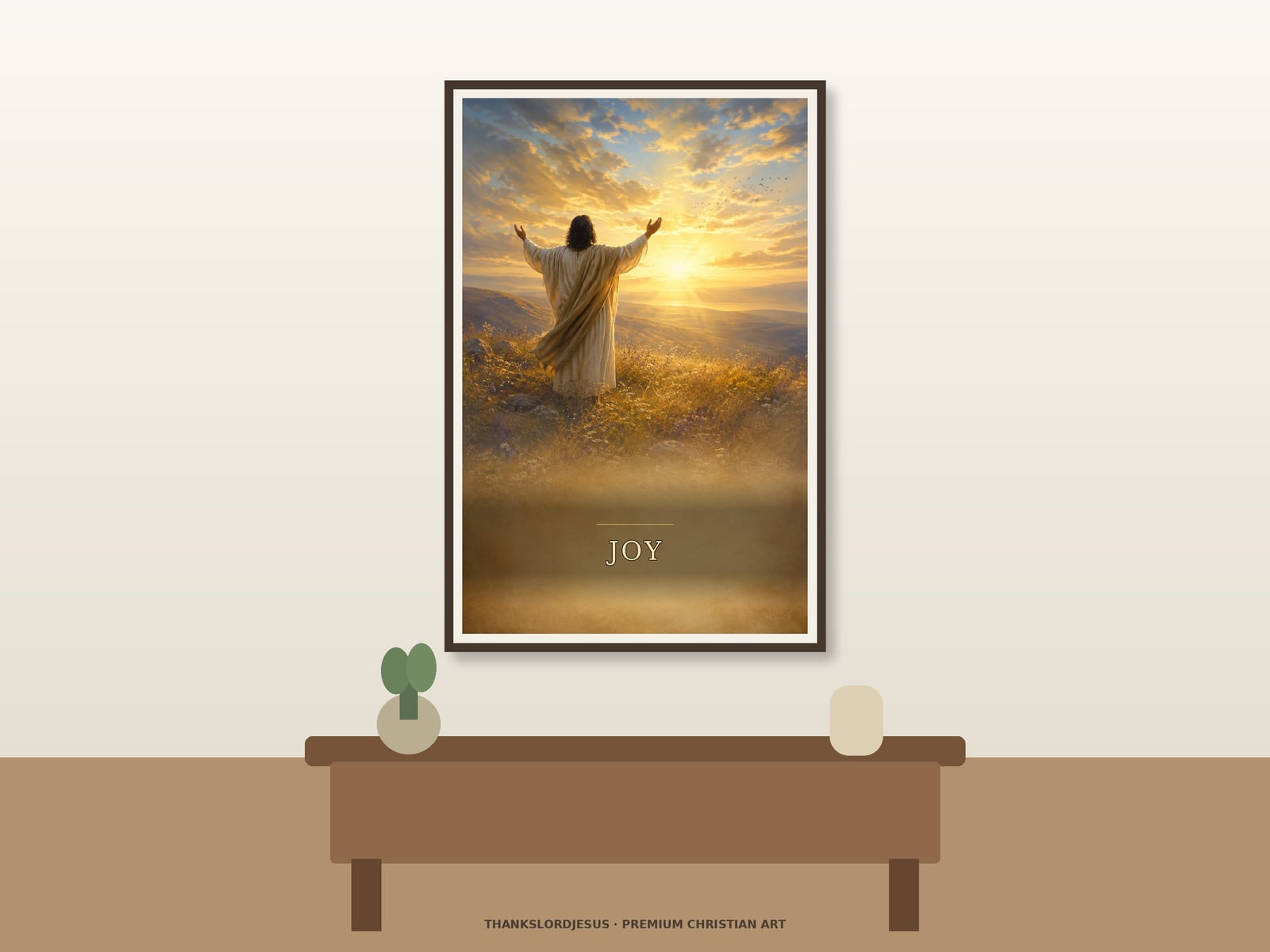 Joy Fruit of the Spirit — Fruit of the Spirit Wall Art Neutral hero mockup for Joy — Fruit of the Spirit, with the framed painting showing a solitary back-view worshipper raising both arms in a wildflower meadow as golden sunrise opens across distant hills as the main focus.