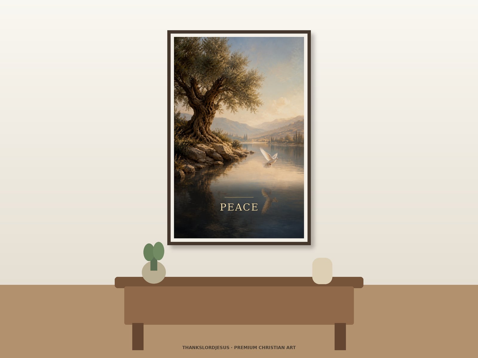 Peace Fruit of the Spirit — Fruit of the Spirit Wall Art Neutral hero mockup for Peace — Fruit of the Spirit, with the framed painting showing an ancient olive tree beside mirror-still water while a white dove crosses the calm lake toward pale mountains as the main focus.