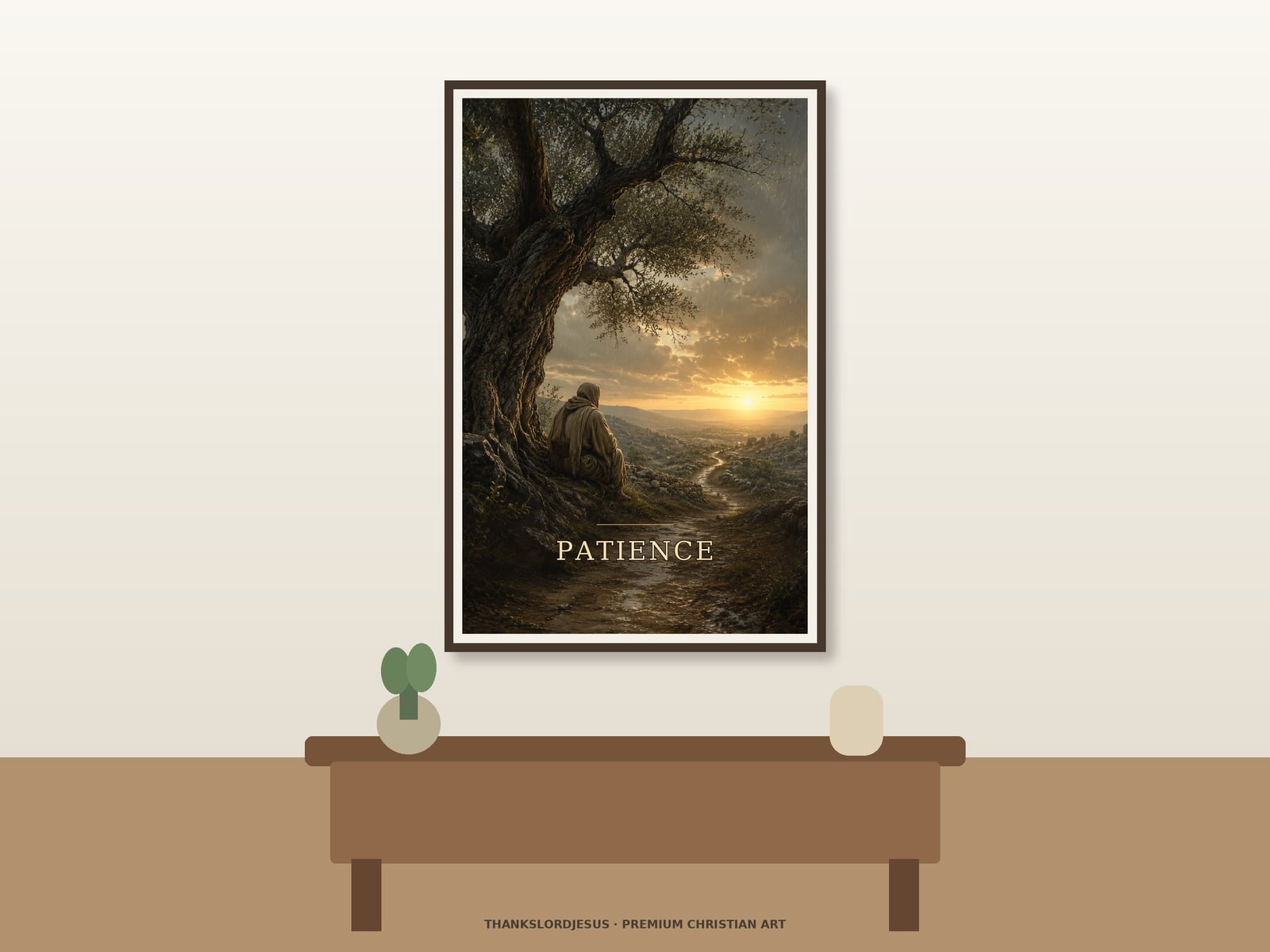 Patience Fruit of the Spirit — Fruit of the Spirit Wall Art Neutral hero mockup for Patience — Fruit of the Spirit, with the framed painting showing a solitary back-view figure waiting beneath a weathered olive tree as a long valley road catches the last golden light as the main focus.