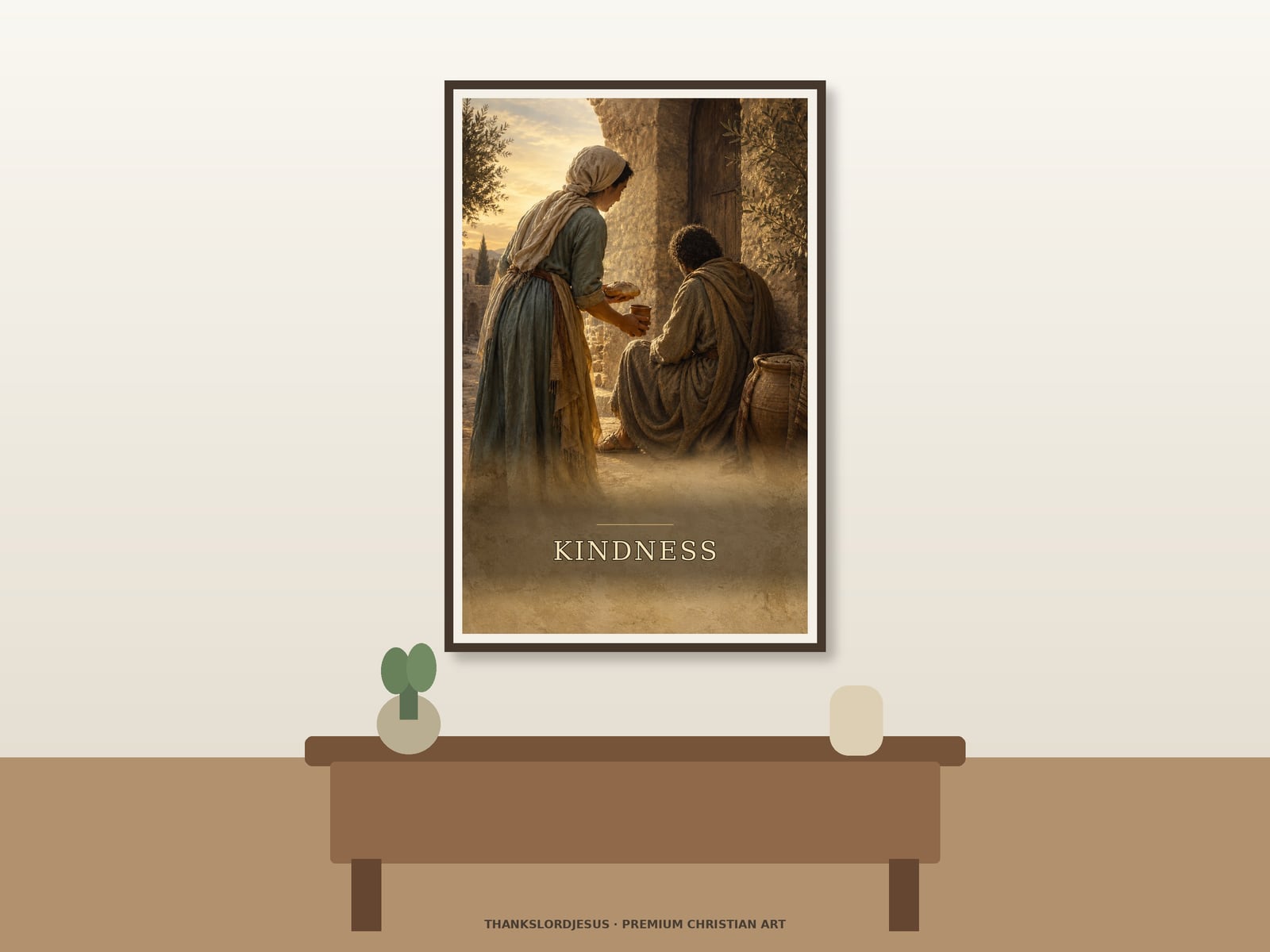 Kindness Fruit of the Spirit — Fruit of the Spirit Wall Art Neutral hero mockup for Kindness — Fruit of the Spirit, with the framed painting showing a woman in back and softened profile offering bread and water to a seated traveler whose face is fully turned away at an ancient stone doorway as the main focus.