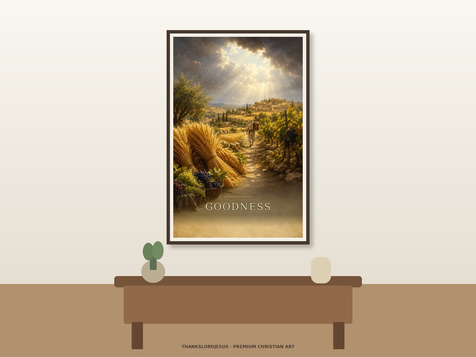 Goodness Fruit of the Spirit — Fruit of the Spirit Wall Art Neutral hero mockup for Goodness — Fruit of the Spirit, with the framed painting showing an abundant vineyard and grain harvest arranged beside a sunlit road, with one small distant worker walking toward a hill town as the main focus.