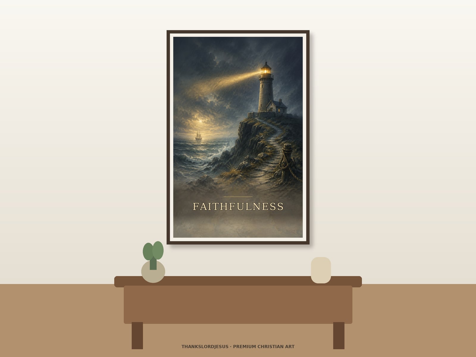Faithfulness Fruit of the Spirit — Fruit of the Spirit Wall Art Neutral hero mockup for Faithfulness — Fruit of the Spirit, with the framed painting showing a steadfast lighthouse casting a warm beam across storm-dark water toward a small distant sailing vessel as the main focus.
