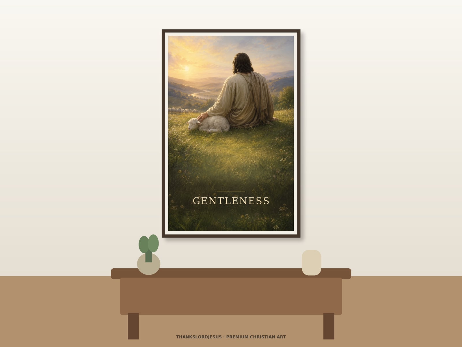 Gentleness Fruit of the Spirit — Fruit of the Spirit Wall Art Neutral hero mockup for Gentleness — Fruit of the Spirit, with the framed painting showing a shepherd shown completely from behind resting beside a lamb in a quiet meadow while the flock moves across a distant valley as the main focus.