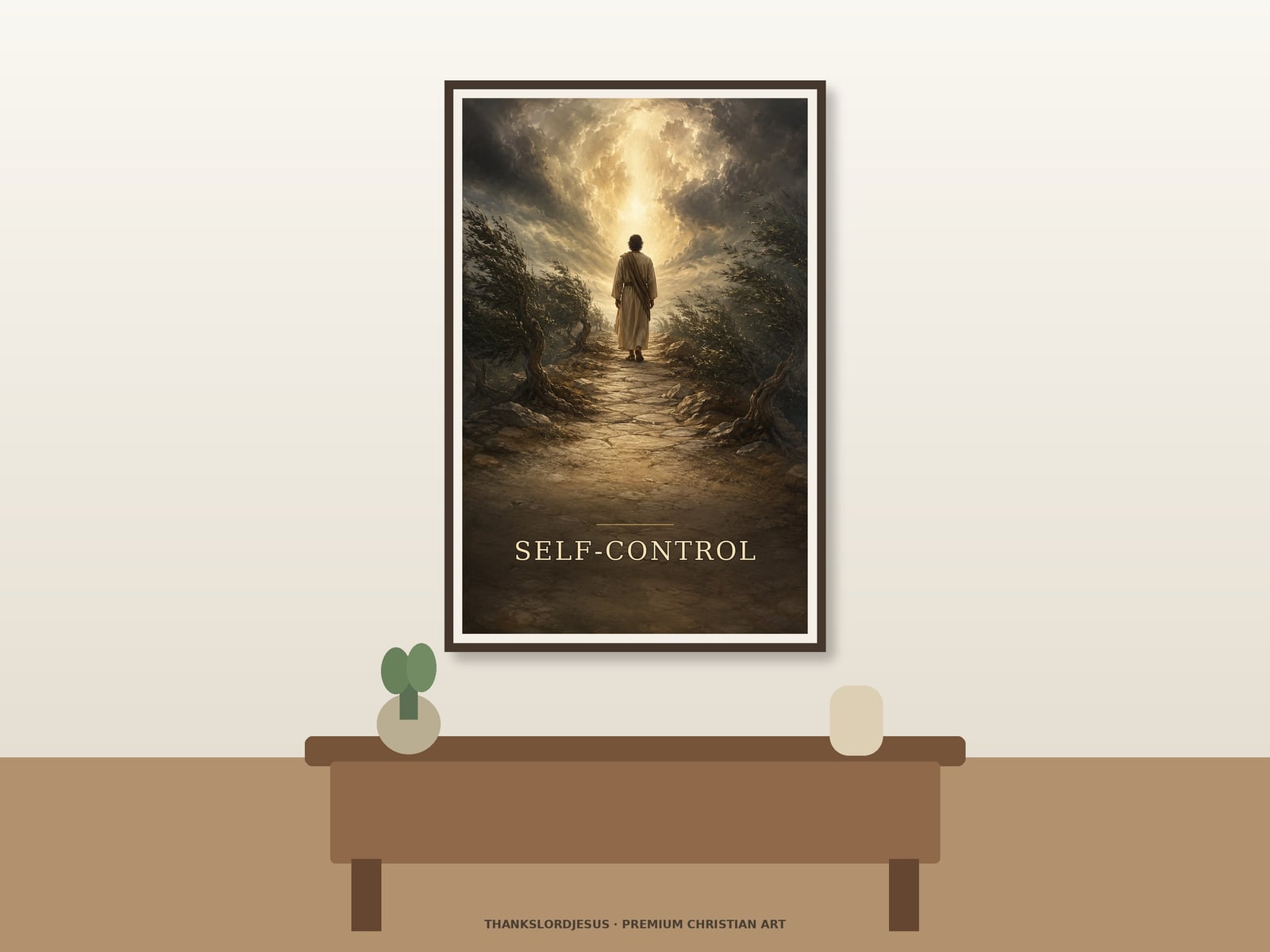 Self Control Fruit of the Spirit — Fruit of the Spirit Wall Art Neutral hero mockup for Self-Control — Fruit of the Spirit, with the framed painting showing a solitary back-view traveler choosing a narrow mountain path through wind-bent trees toward a disciplined shaft of light as the main focus.