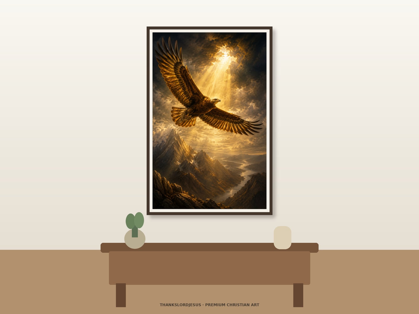Wings of Renewal — Prophetic Scripture Art Clean airy hero mockup for Wings of Renewal, with the large framed artwork showing a golden eagle soaring through radiant light above layered mountains on a premium neutral wall.
