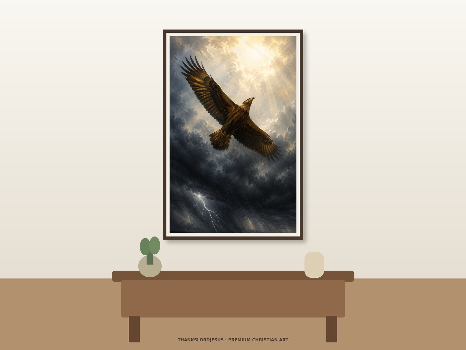Eagle Above the Storm — Prophetic Scripture Art Clean airy hero mockup for Eagle Above the Storm, with the large framed artwork showing a golden eagle climbing above dark storm clouds into heavenly light on a premium neutral wall.