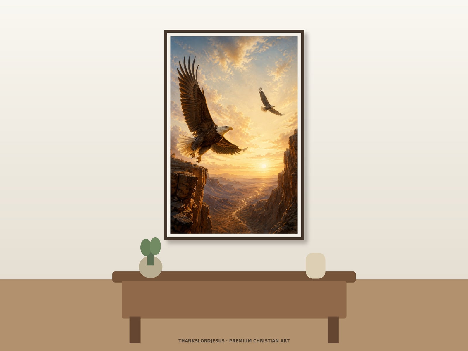 Mount Up with Wings — Prophetic Scripture Art Clean airy hero mockup for Mount Up With Wings, with the large framed artwork showing an eagle launching from a canyon ledge toward a golden horizon on a premium neutral wall.
