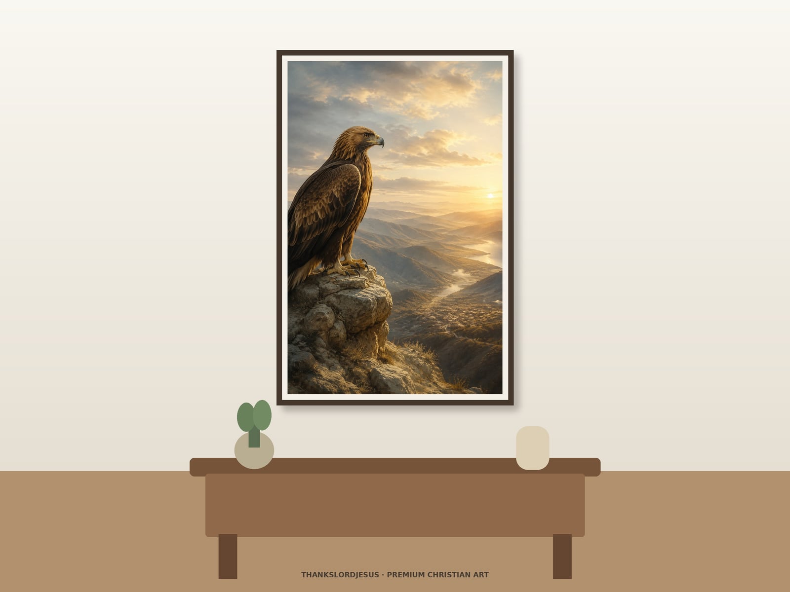 Watchman Over the Mountains — Prophetic Scripture Art Clean airy hero mockup for Watchman Over the Mountains, with the large framed artwork showing a vigilant eagle resting above a quiet dawn mountain valley on a premium neutral wall.