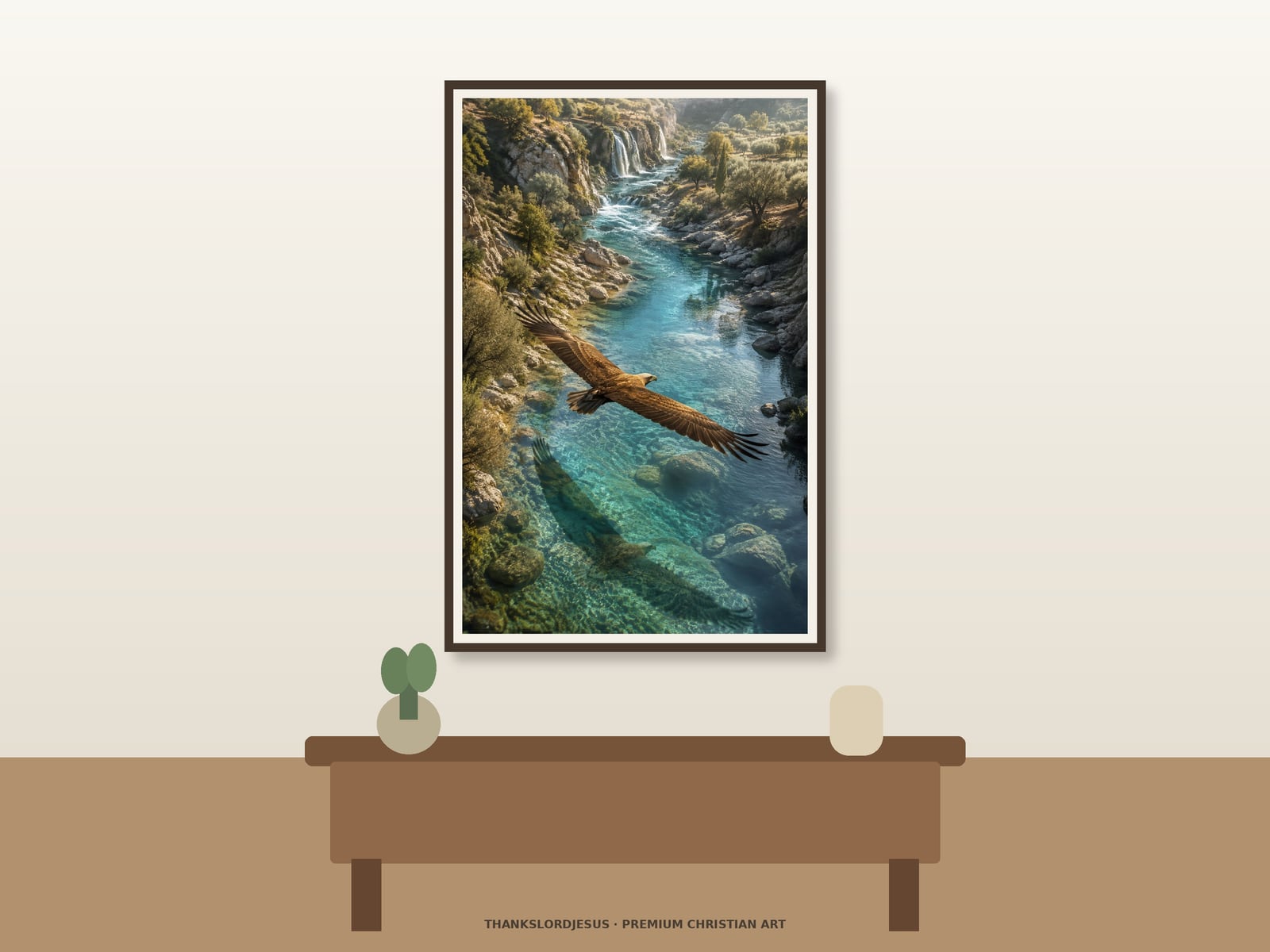 Eagle Over Living Water — Prophetic Scripture Art Clean airy hero mockup for Eagle Over Living Water, with the large framed artwork showing a golden eagle gliding above a clear river and cascading living water on a premium neutral wall.