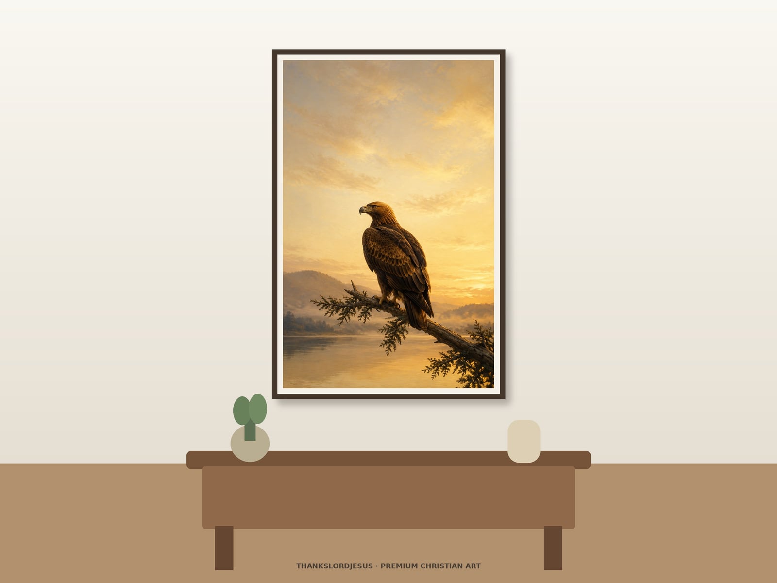 Eagle at Golden Dawn — Prophetic Scripture Art Clean airy hero mockup for Eagle at Golden Dawn, with the large framed artwork showing a peaceful eagle perched on a cedar branch above a still lake at dawn on a premium neutral wall.