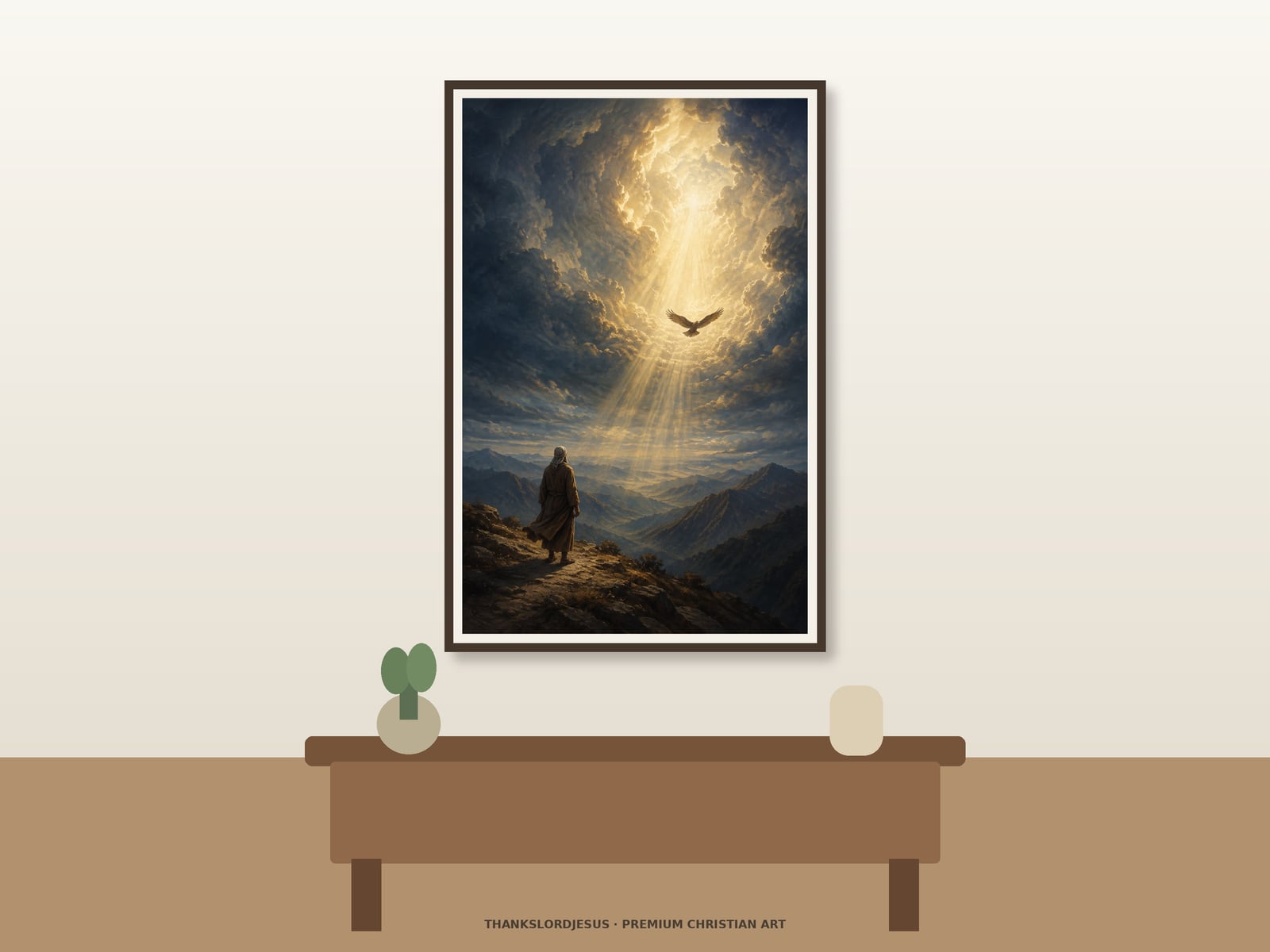 Prophetic Vision Open Heaven — Prophetic Scripture Art Clean airy hero mockup for Prophetic Vision Open Heaven, with the large framed artwork showing a back-view prophet watching one eagle fly toward an opening of heavenly light on a premium neutral wall.