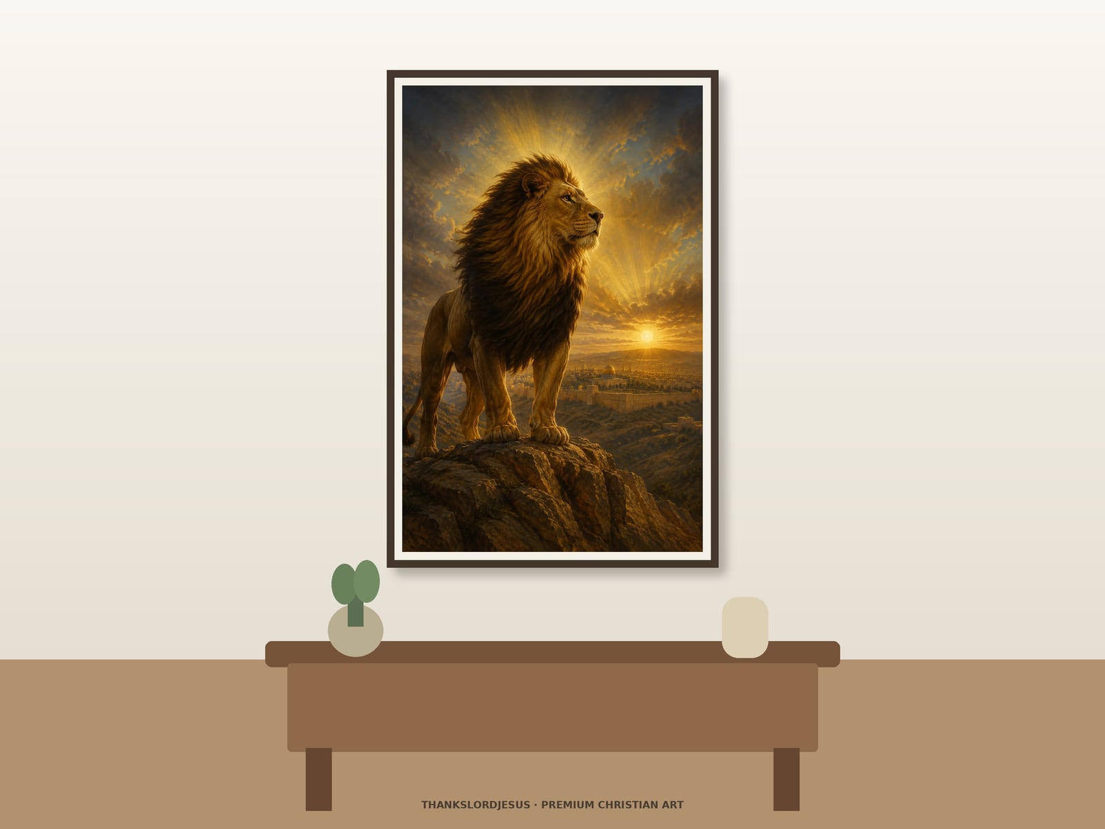 Lion of Judah Over Jerusalem — Lion of Judah Wall Art Neutral hero mockup for Lion of Judah Over Jerusalem, with the framed painting showing a powerful Lion of Judah standing on a high rock above Jerusalem as golden sunrise rays break through deep blue clouds as the main focus.