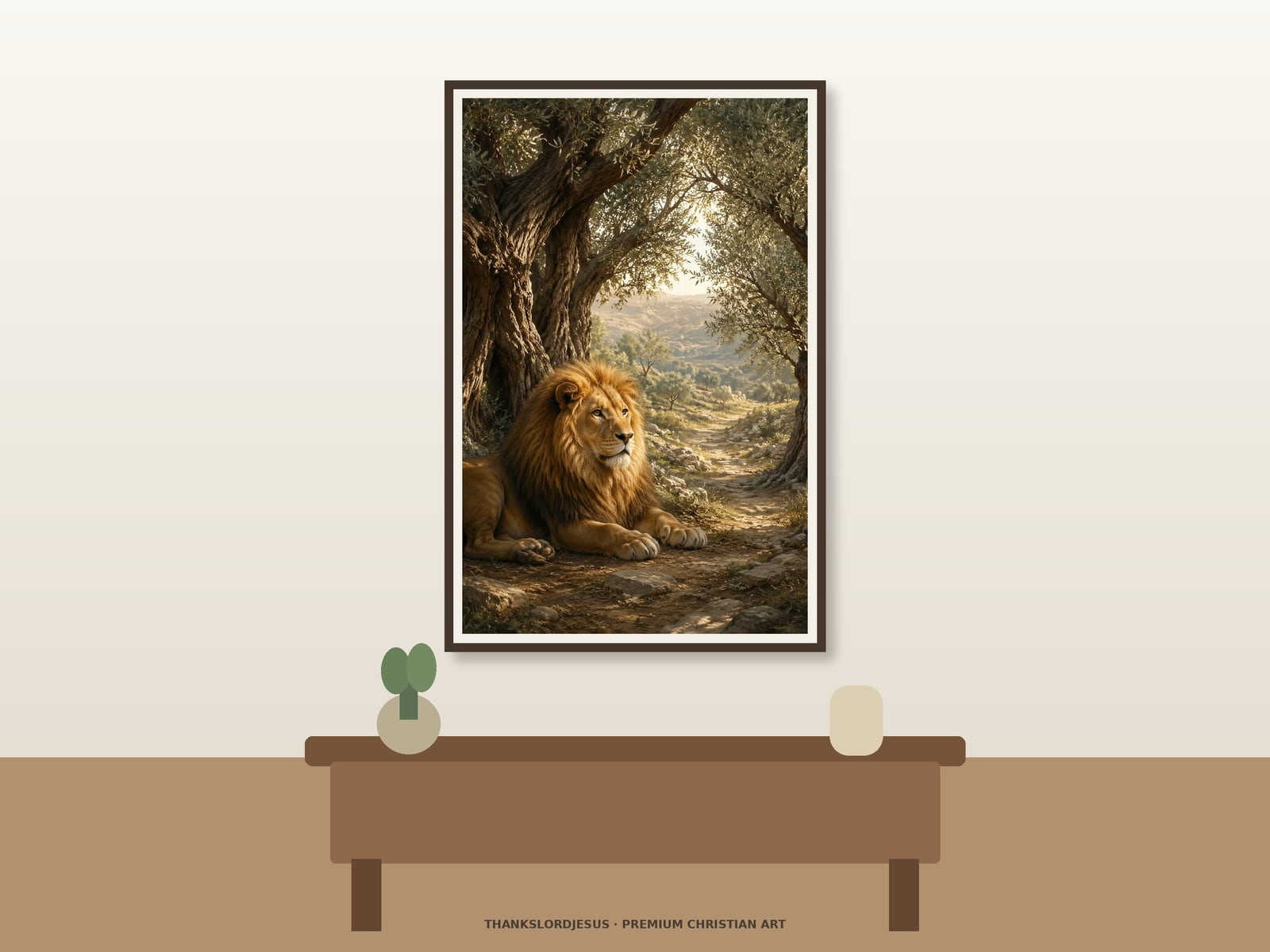 Lion of Peace in the Olive Grove — Lion of Judah Wall Art Neutral hero mockup for Lion of Peace in the Olive Grove, with the framed painting showing a serene lion resting beneath ancient olive trees beside a quiet stone path in soft morning light as the main focus.