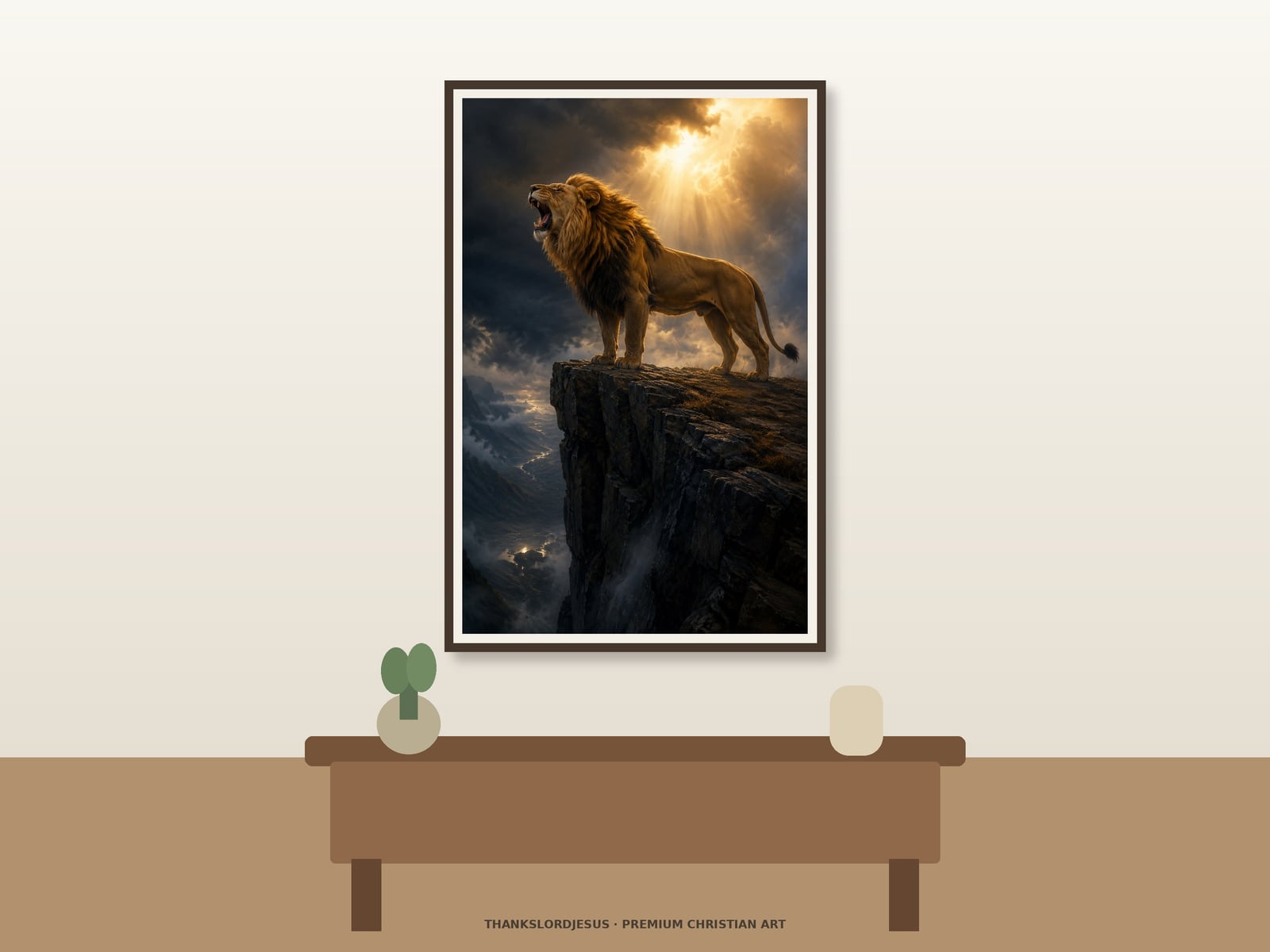 Neutral hero mockup for Roaring Lion Above the Storm, with the framed painting showing a roaring Lion of Judah standing securely on a high cliff above a dark storm valley while golden light opens through the clouds as the main focus.