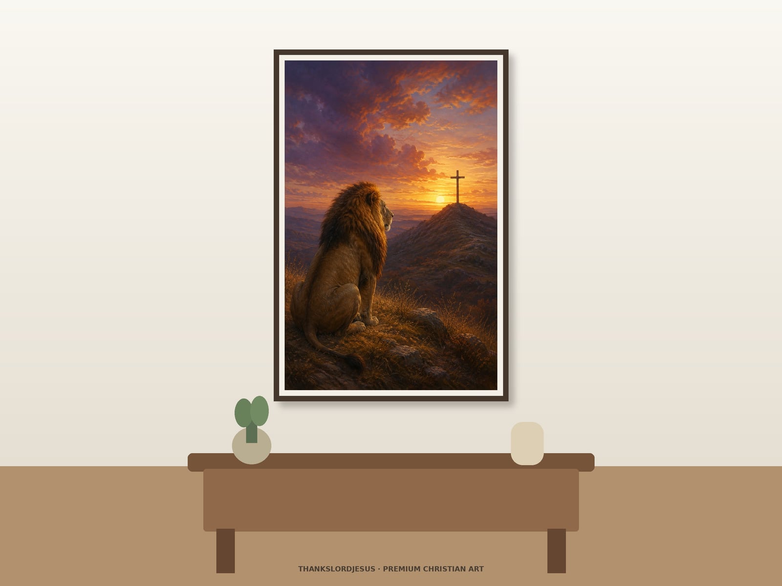 Lion and the Cross at Sunset — Lion of Judah Wall Art Neutral hero mockup for Lion and the Cross at Sunset, with the framed painting showing a seated lion in contemplative profile facing a solitary cross on a distant hill beneath a richly painted gold and muted blue sunset as the main focus.