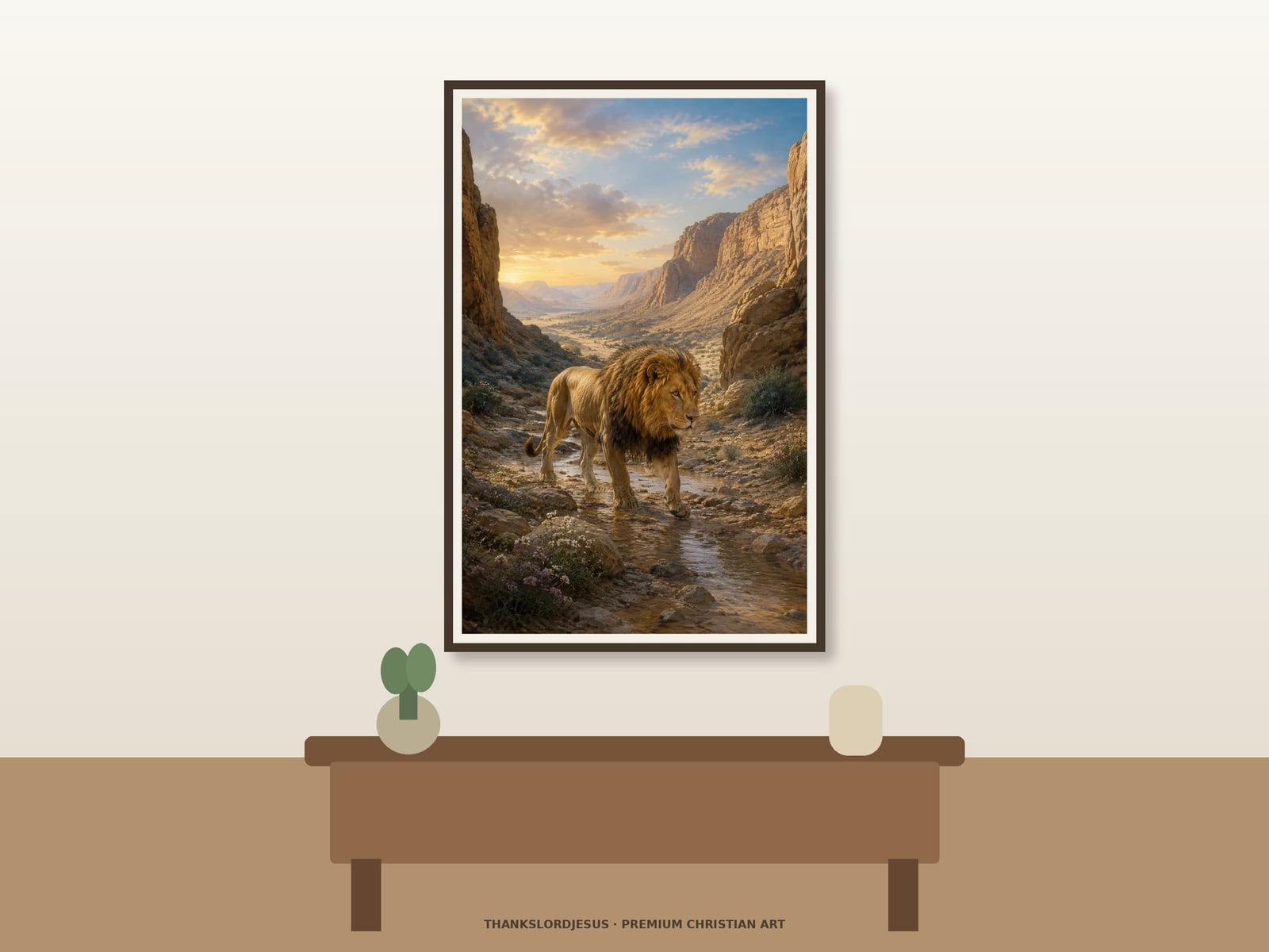 Lion in the Wilderness — Lion of Judah Wall Art Neutral hero mockup for Lion in the Wilderness, with the framed painting showing a solitary lion walking through a rocky wilderness stream beneath wide canyon walls and a luminous open sky as the main focus.