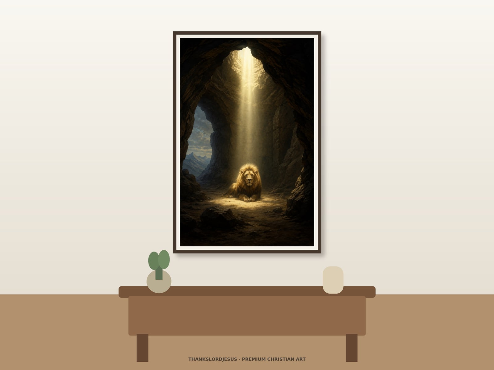 Neutral hero mockup for Lion in Heavenly Light, with the framed painting showing a majestic lion resting inside a vast dark cavern as a single white-gold shaft of heavenly light surrounds him as the main focus.